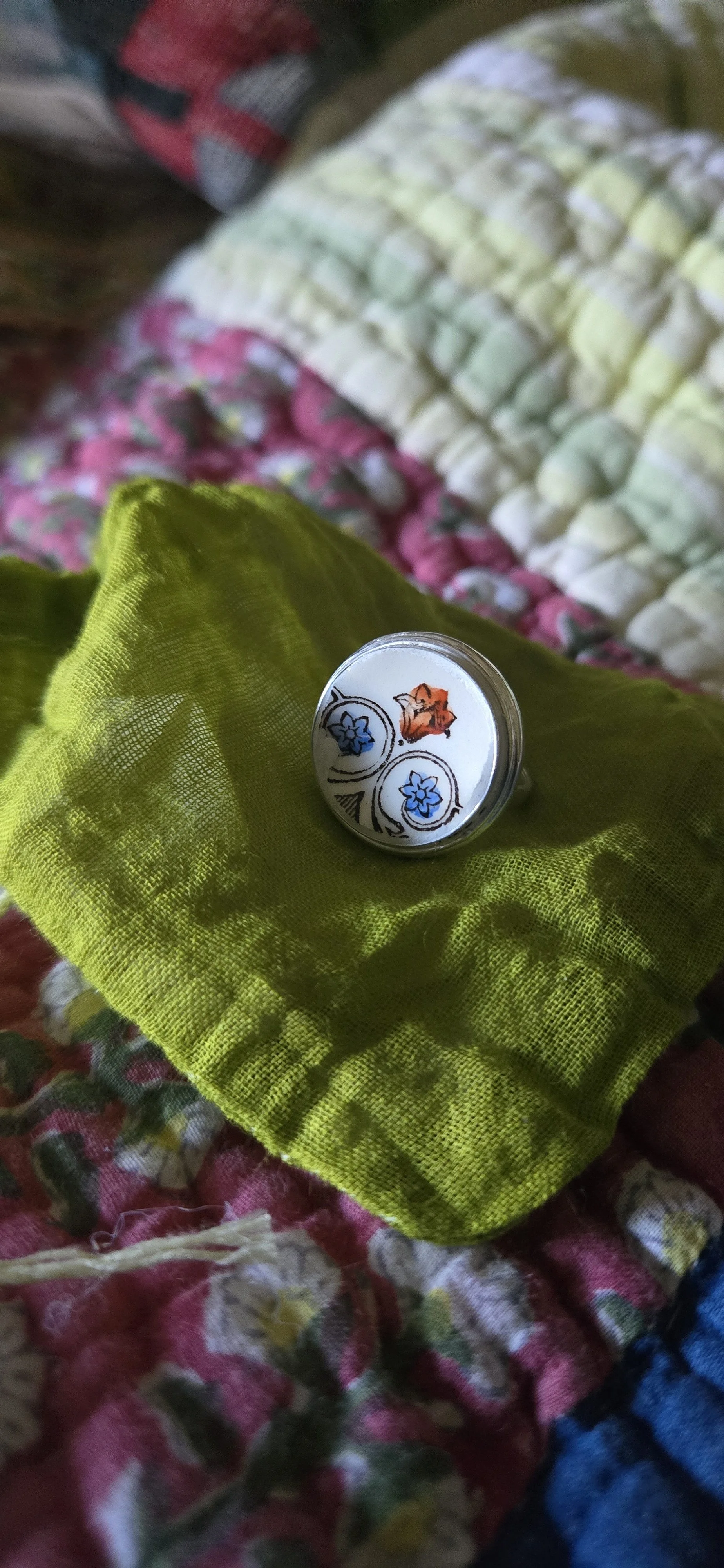 Orange + Blue Floral Transferware Remnant Ring in Silver / 18mm / Size 7