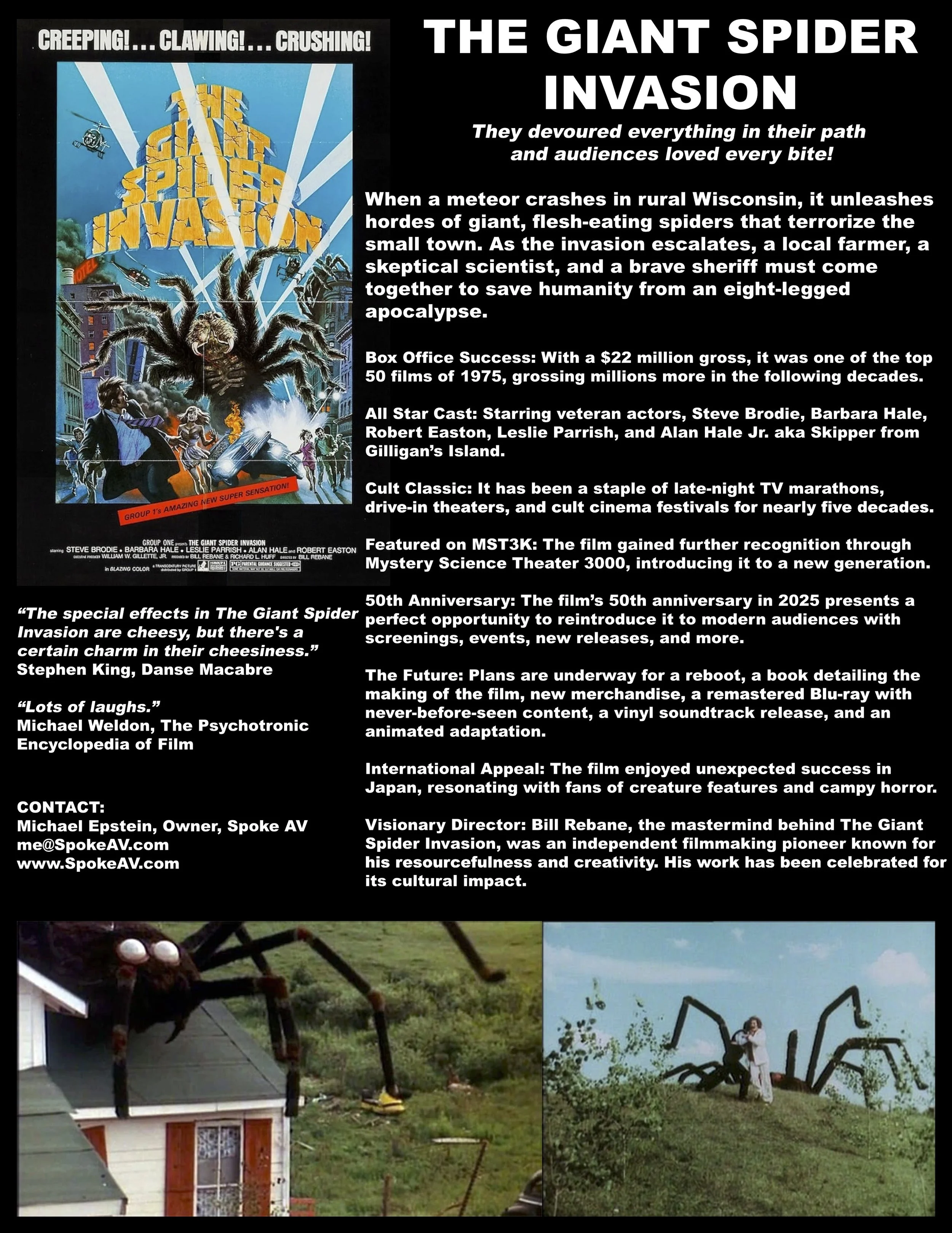 Poster and description of the movie "The Giant Spider Invasion" from 1975, highlighting its plot about giant spiders attacking a small town, its box office success, cult status, and international appeal. Features quotes from Stephen King and others. Includes images of giant spiders and movie scenes.