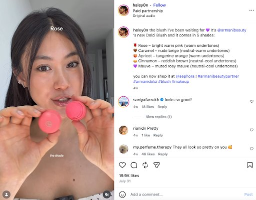 HaleyOn Instagram paid partnership with Armani Beauty showing several shades of the brand’s Luminous Silk Cheek Tint.