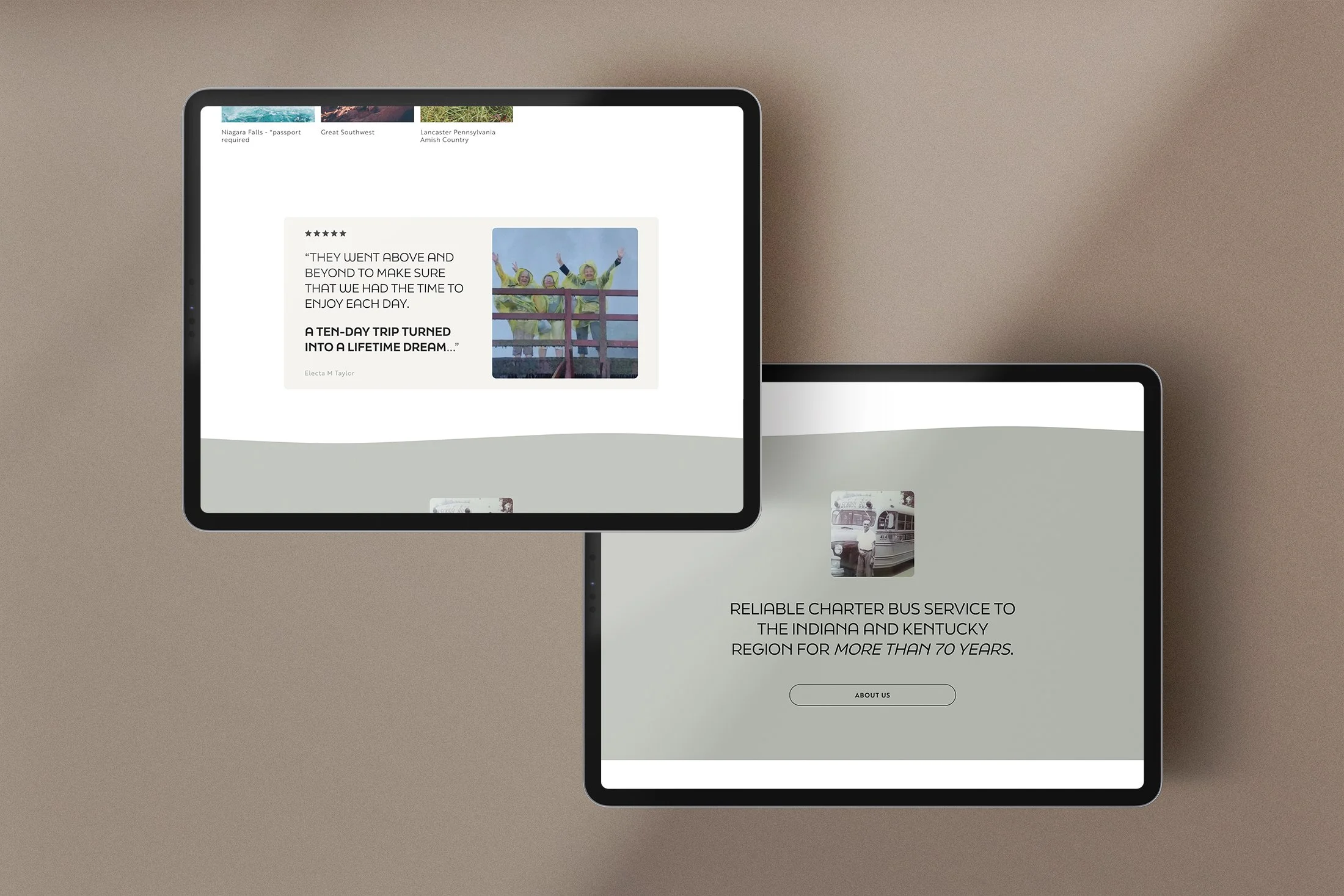 Two tablets showing different website pages, one with a testimonial about a trip to Niagara Falls and the other advertising a charter bus service to Indiana and Kentucky.