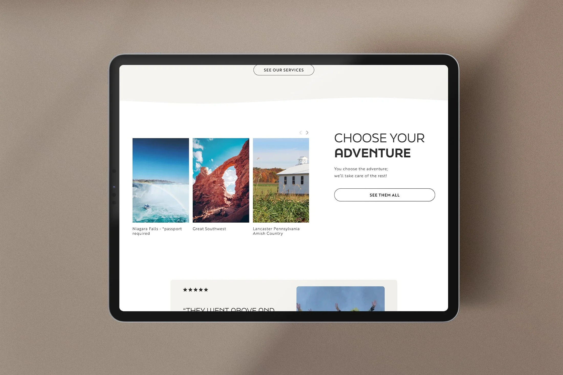 Tablet displaying a travel booking website with images of Niagara Falls, a southwestern arch, and a farmhouse in Pennsylvania, with text about choosing an adventure.