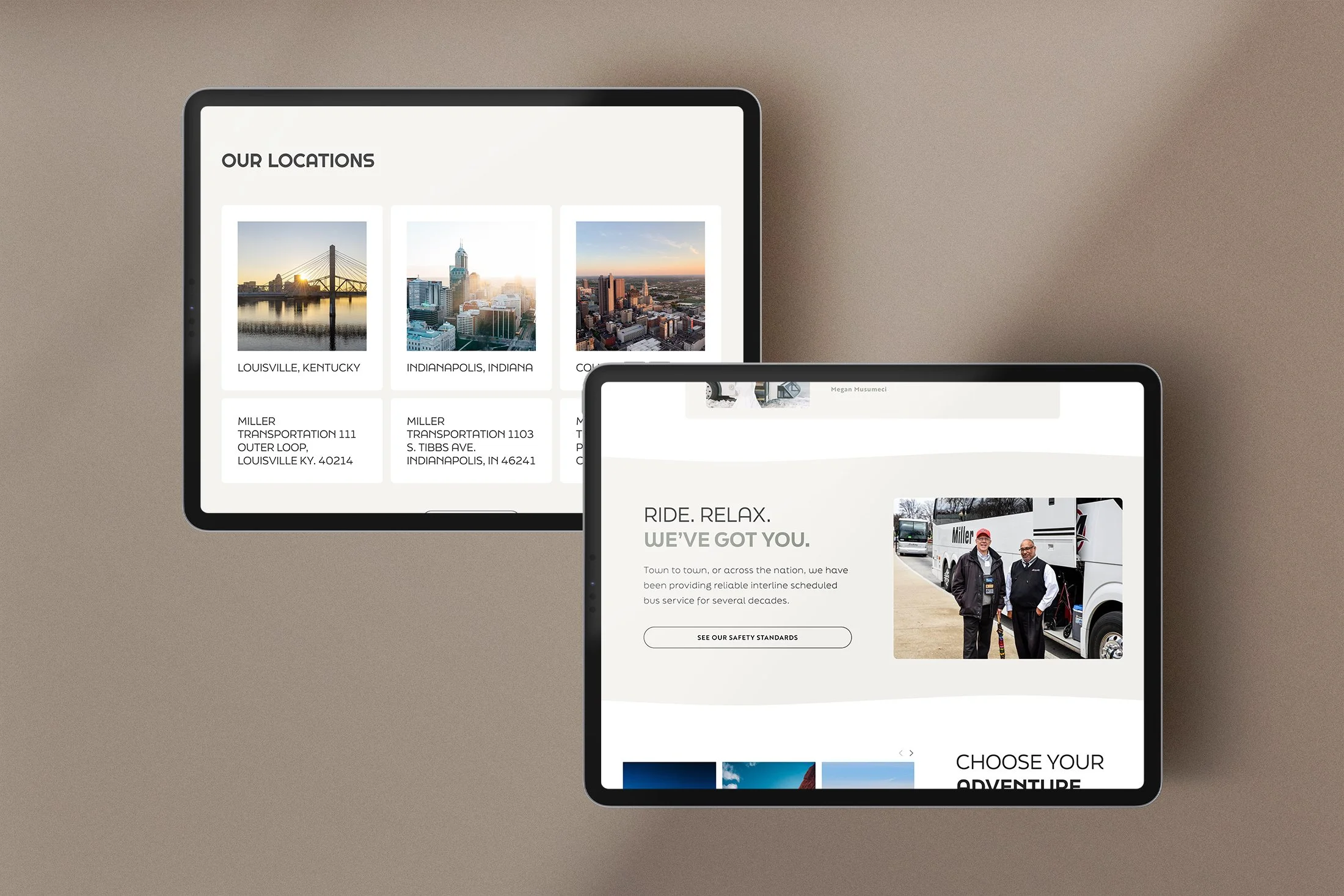 Two tablet screens displaying travel website pages against a neutral background.