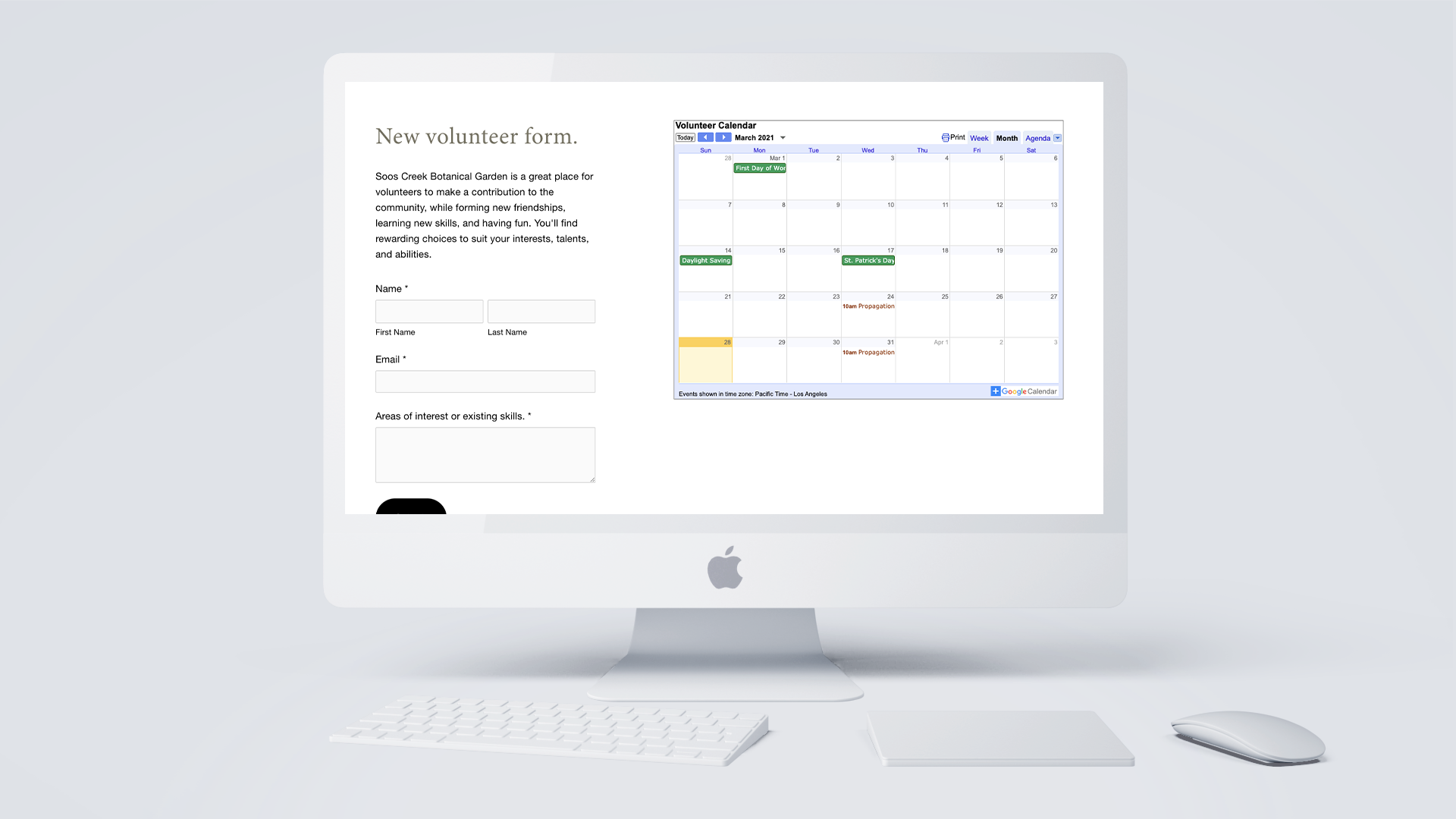 An Apple iMac computer displays a volunteer registration form with a calendar and a list of upcoming events for March 2021.