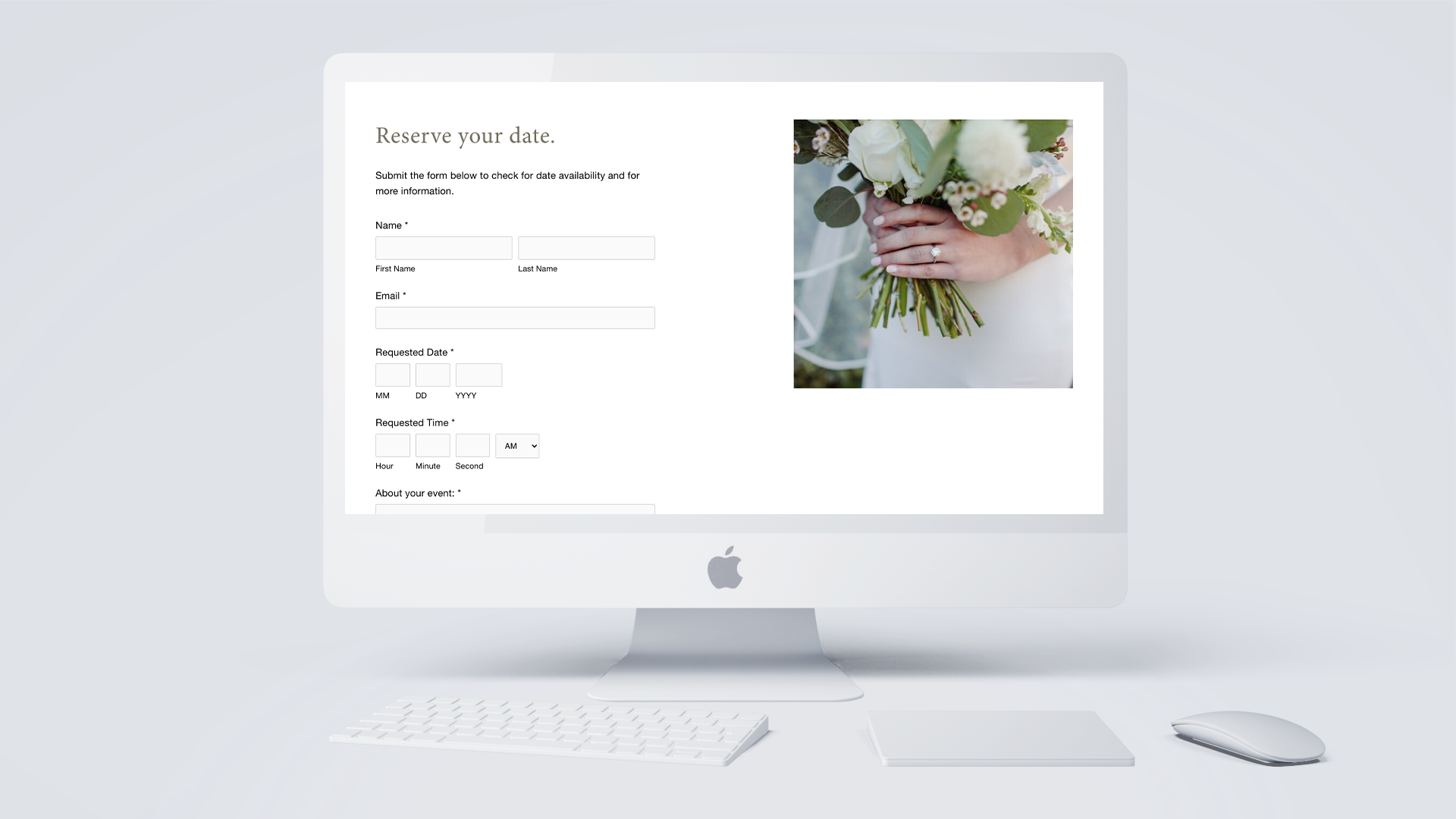 An Apple iMac computer displaying a wedding reservation form with a photo of a bride holding a bouquet
