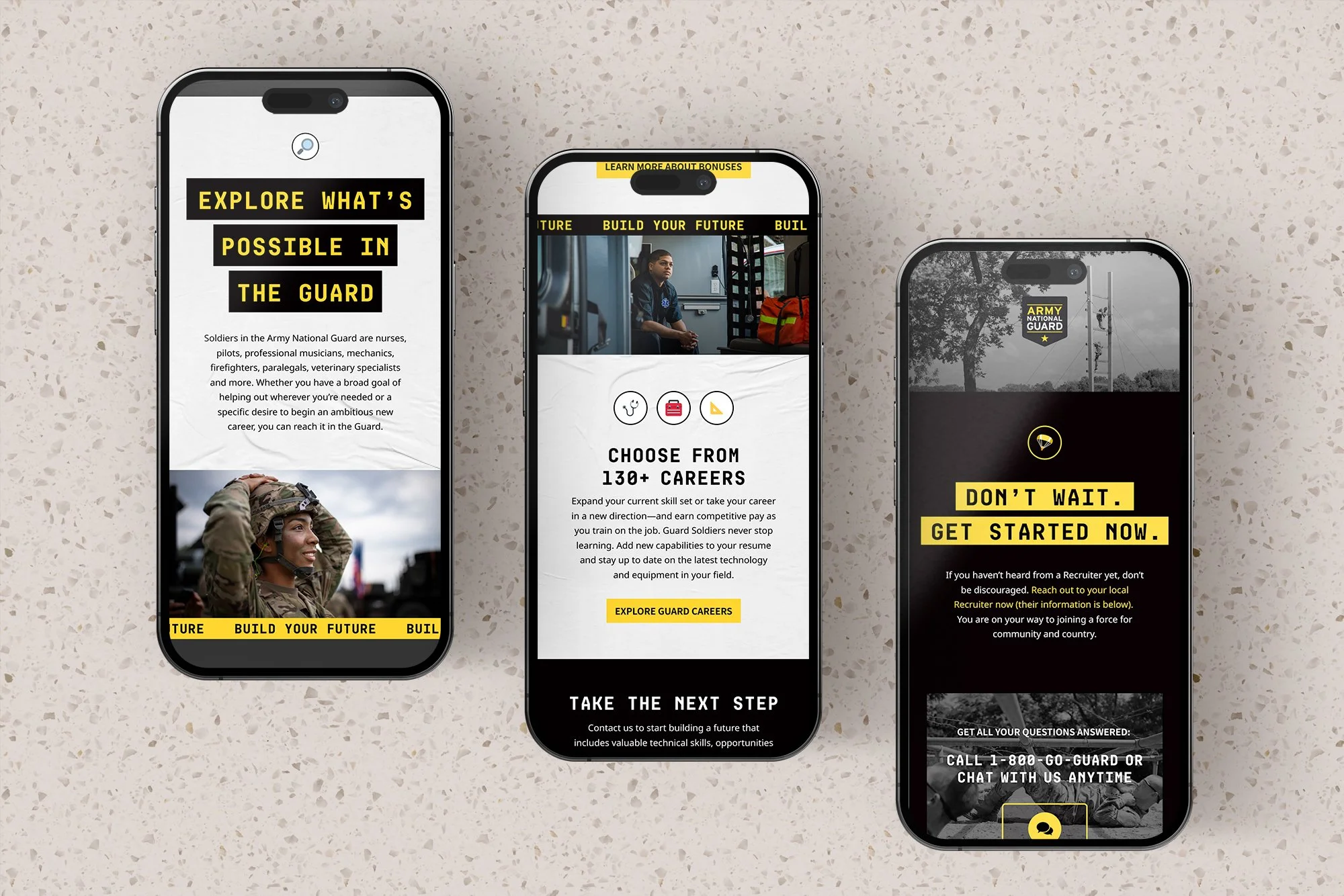 Three smartphones displaying recruitment information for the Army National Guard on a speckled surface.