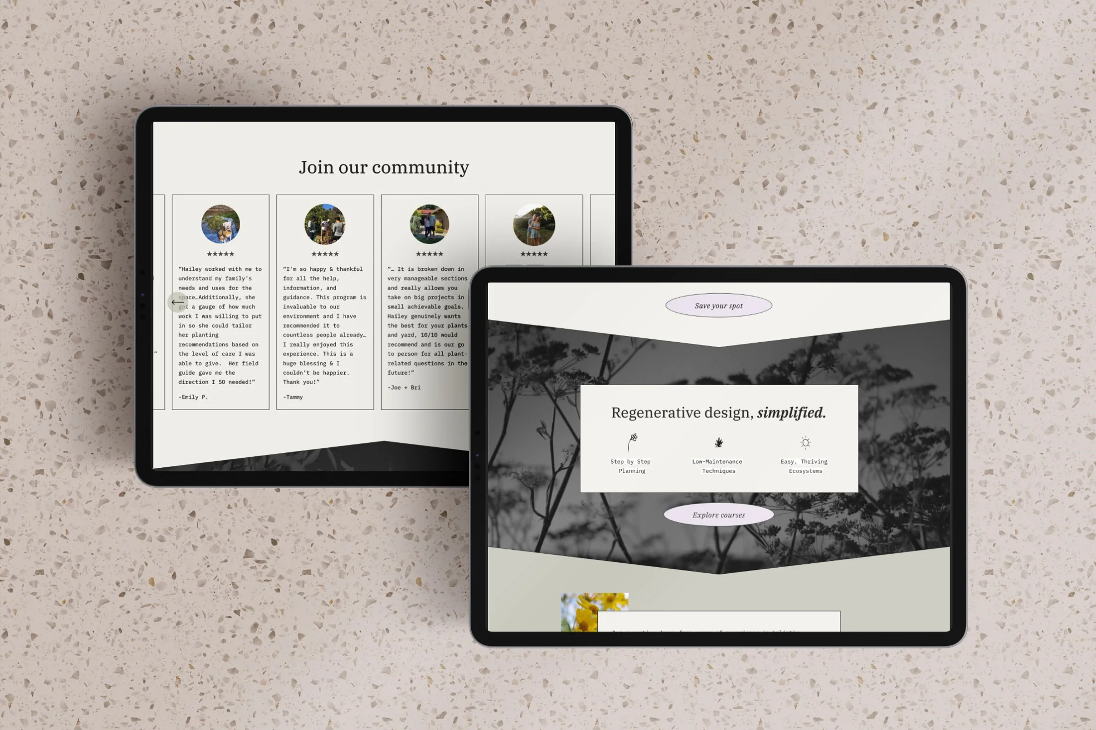 Two tablet screens displaying website pages on a speckled beige surface.