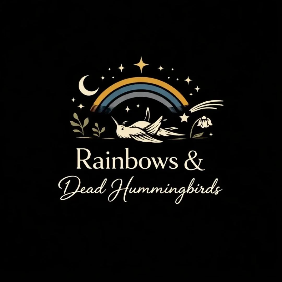Rainbows and Dead Hummingbirds — wearable art sweatshirt by Krista Reale, inspired by the interplay of light and darkness