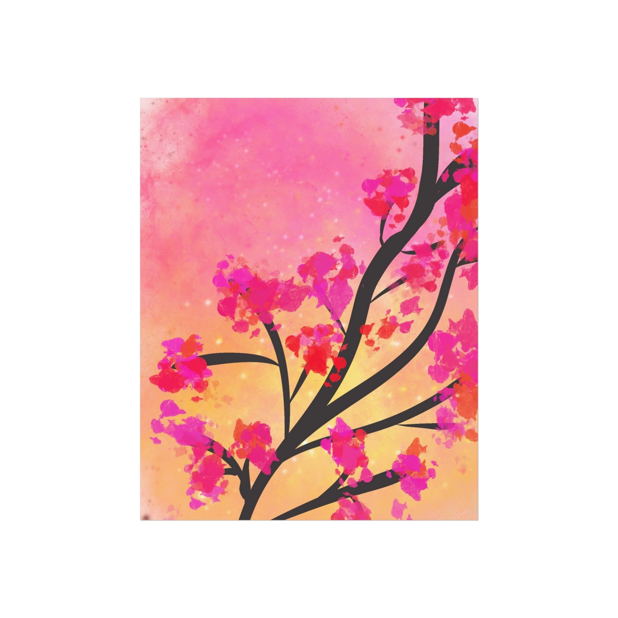 abstract blossoming tree art; pink yellow floral wall art; spring-inspired botanical print; modern abstract tree artwork; uplifting nature wall décor; blooming tree print