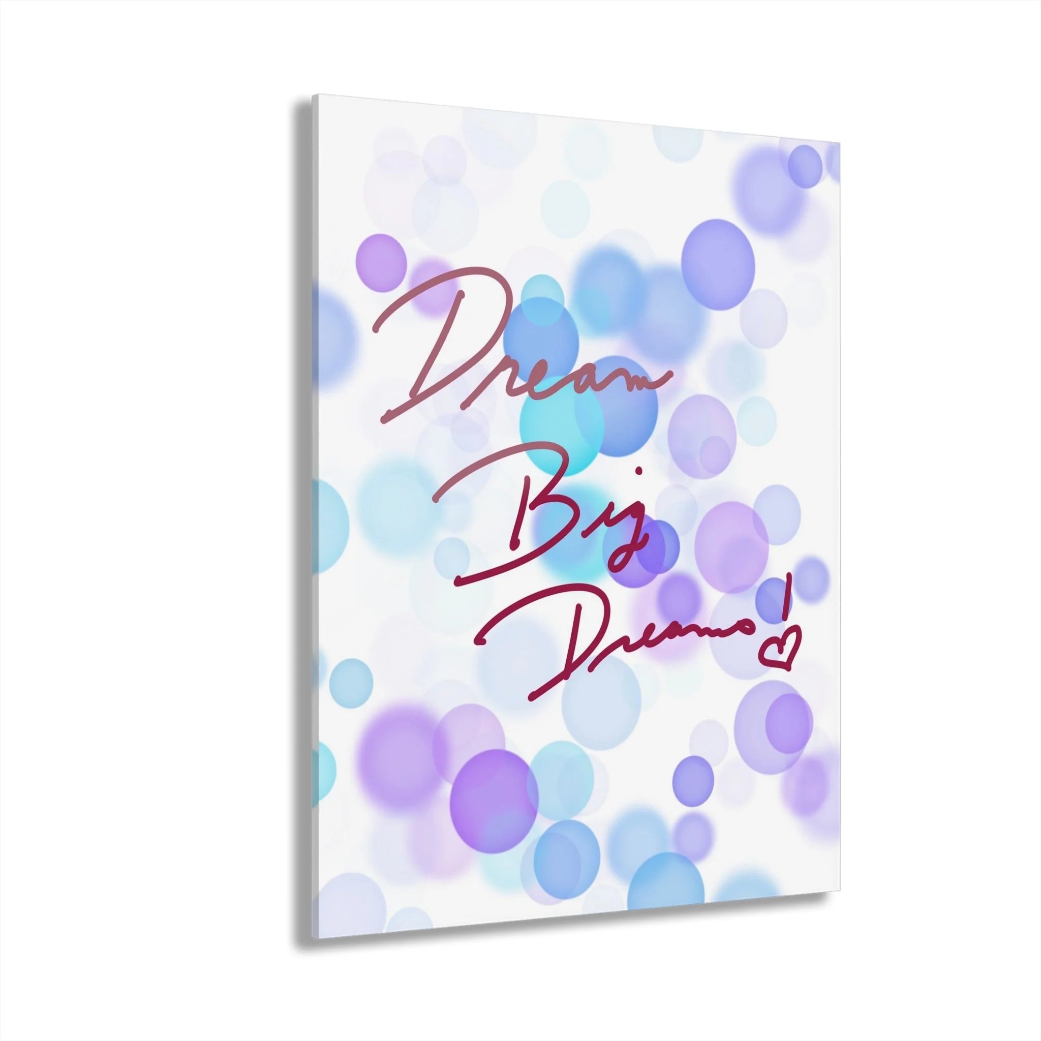digital artwork with purple and blue bubbles; inspirational quote wall art Dream Big Dreams; modern motivational art for kids or creative spaces; whimsical bubble digital print for home or office