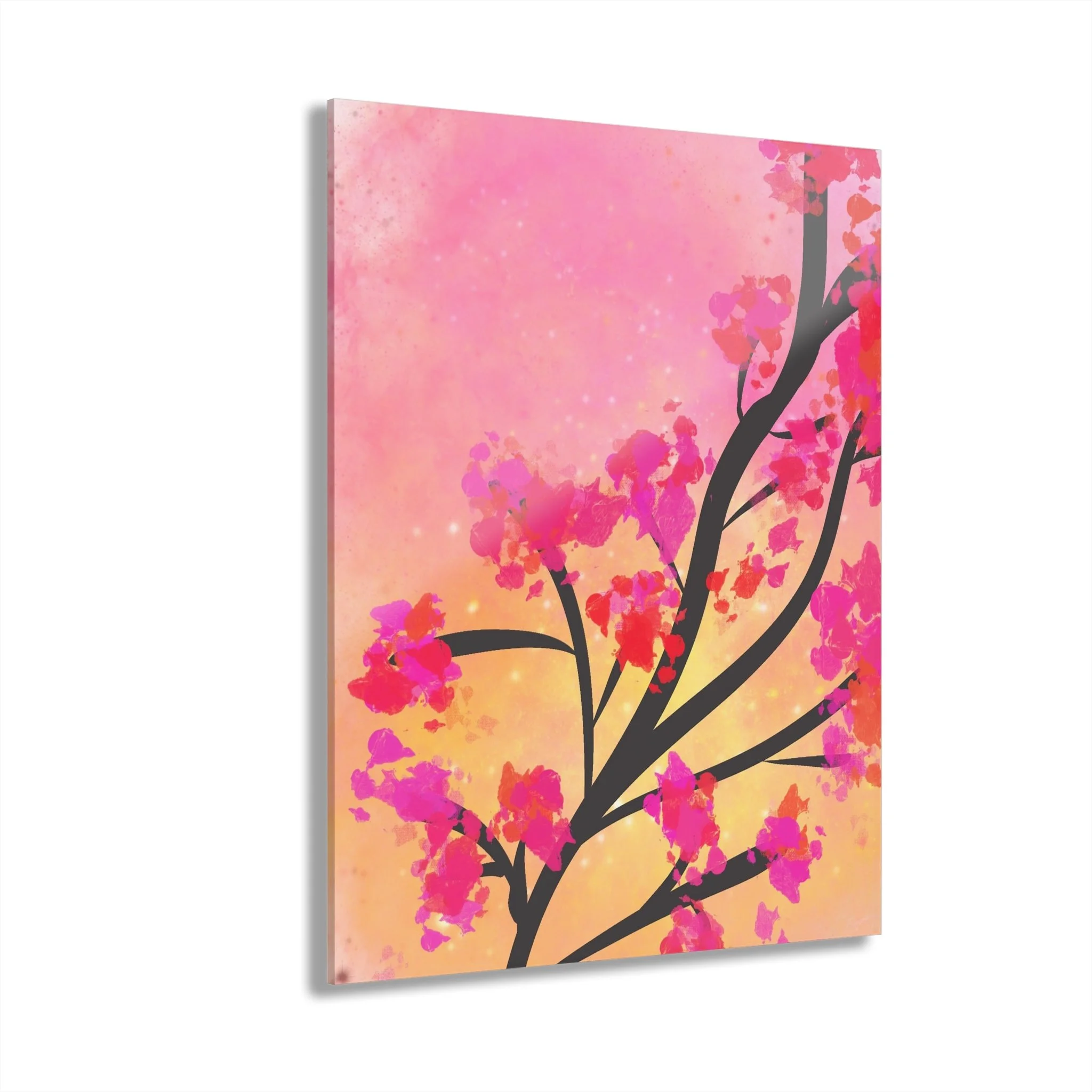 abstract blossoming tree art; pink yellow floral wall art; spring-inspired botanical print; modern abstract tree artwork; uplifting nature wall décor; blooming tree print