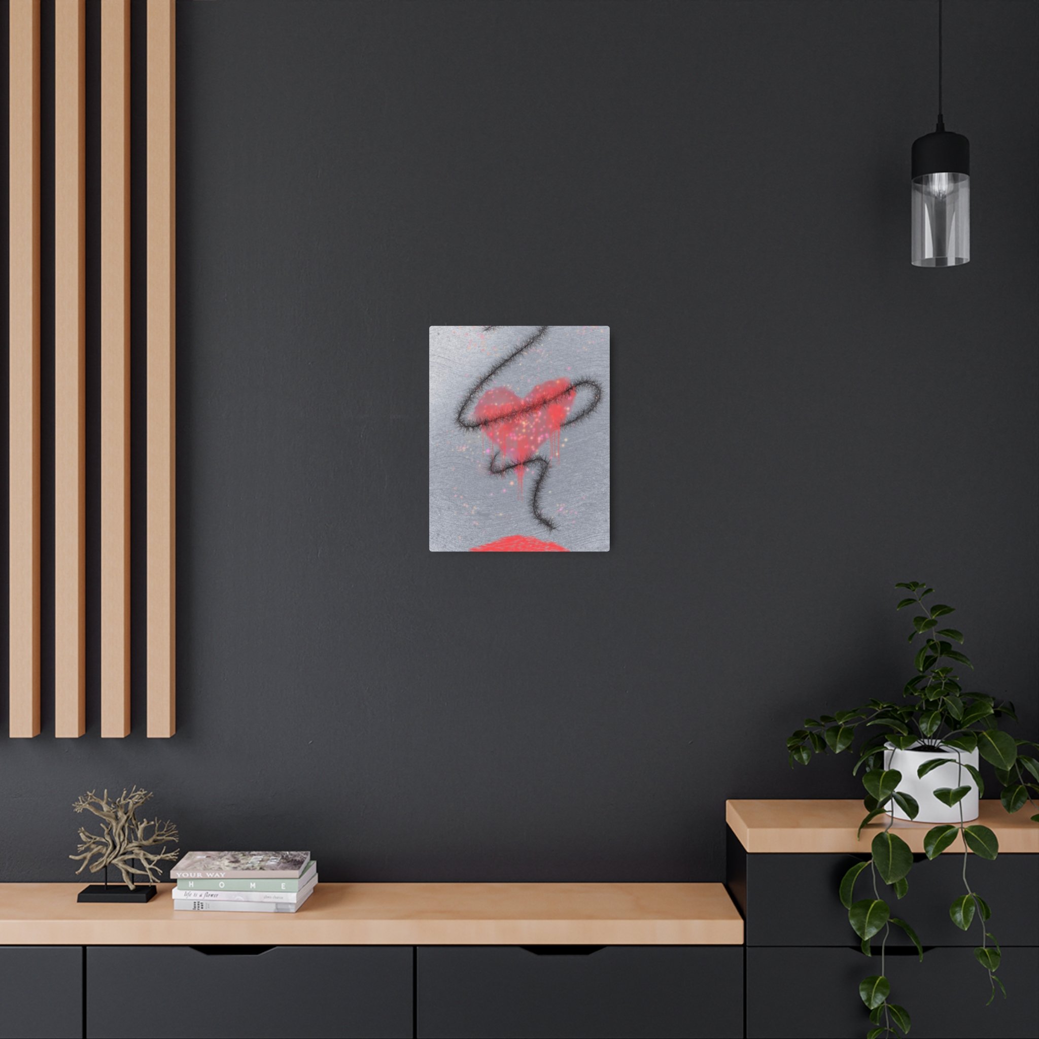 Symbolic abstract painting of a bleeding pink heart wrapped in thorny black lines with luminous sparkles on a textured gray background.