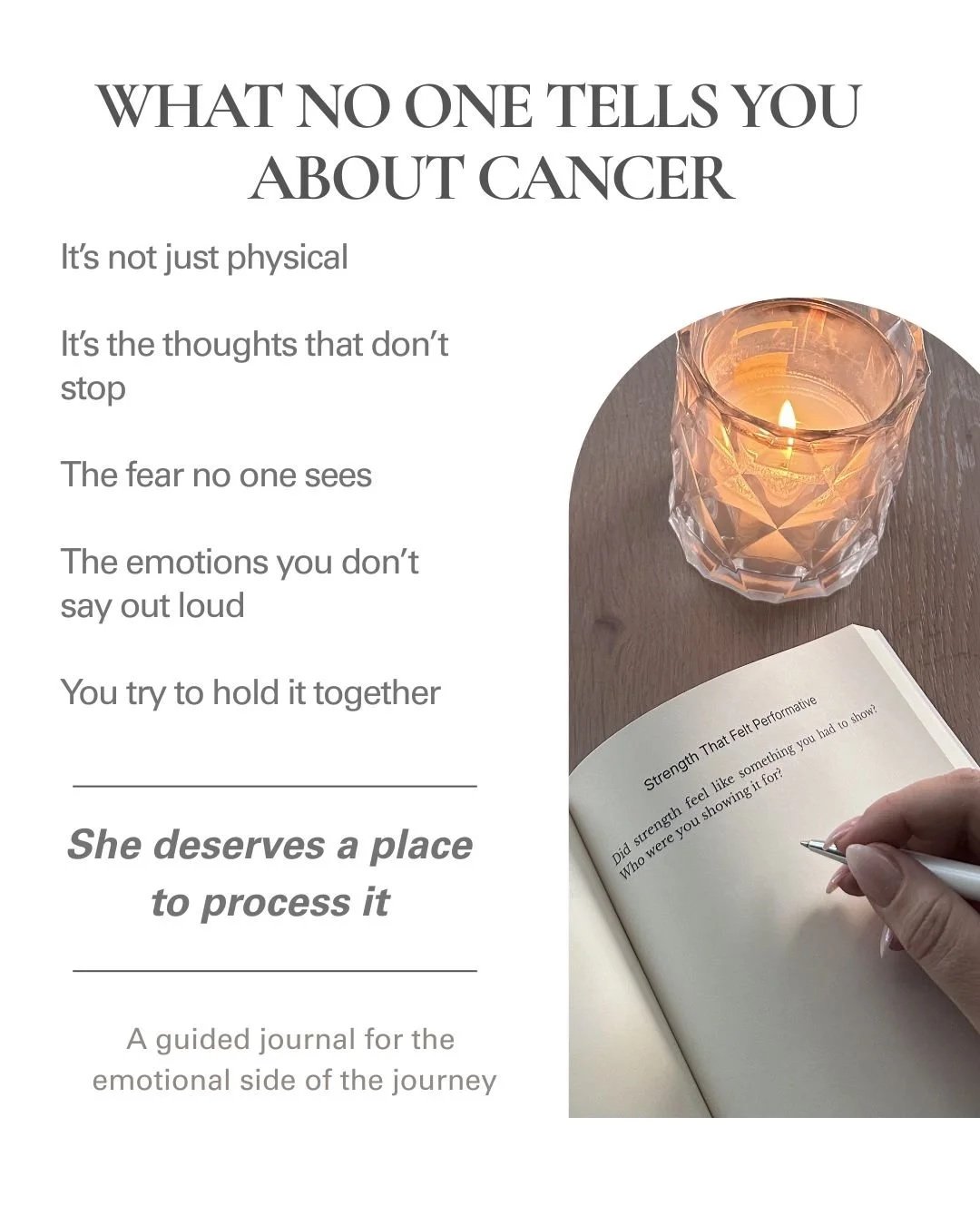 An image describing the emotional toll cancer takes and describing the quiet companion to provide a place to process it