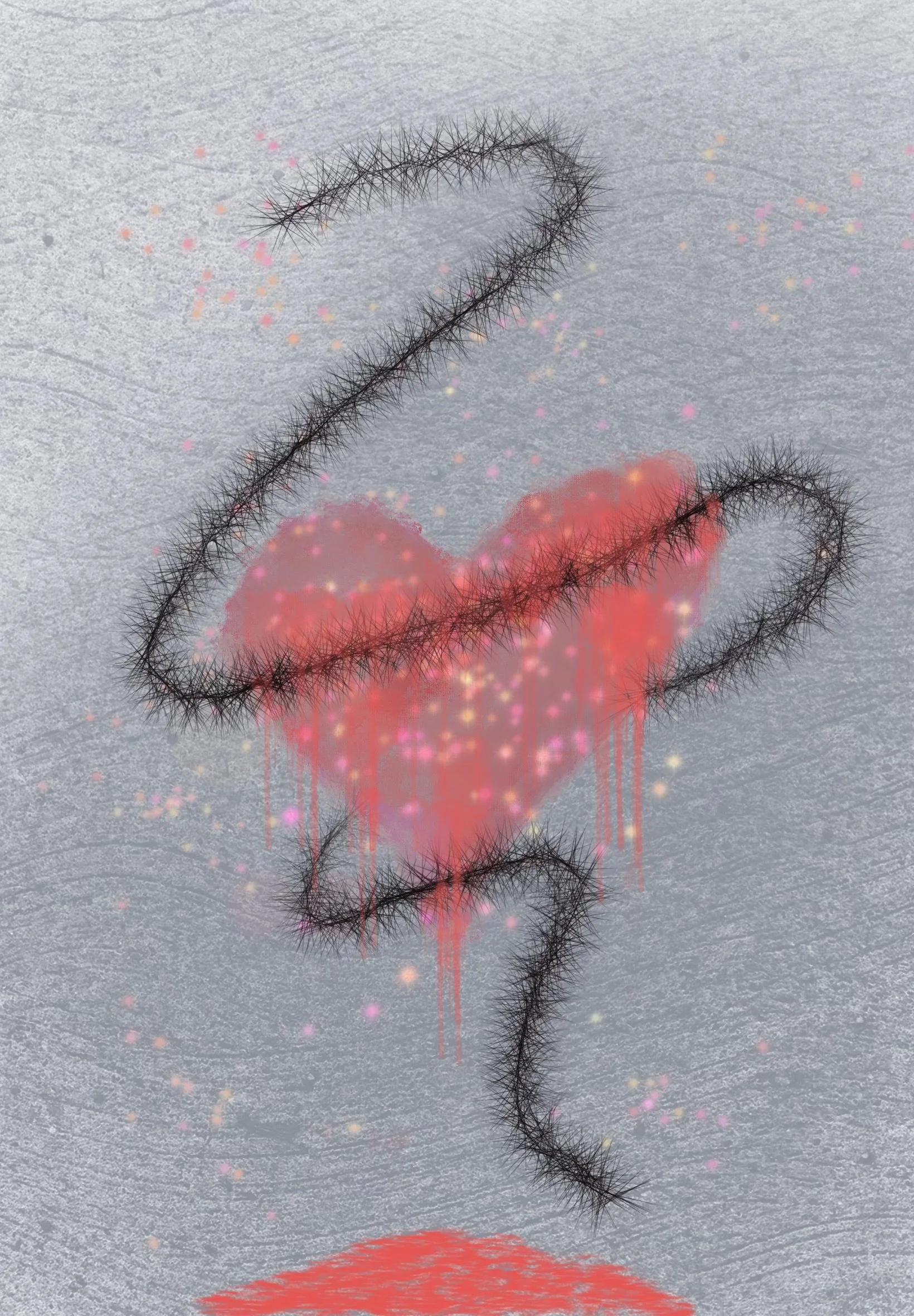 Graffiti-style artwork of a black sparkly heart with a pink and red paint splatter background on a gray wall.