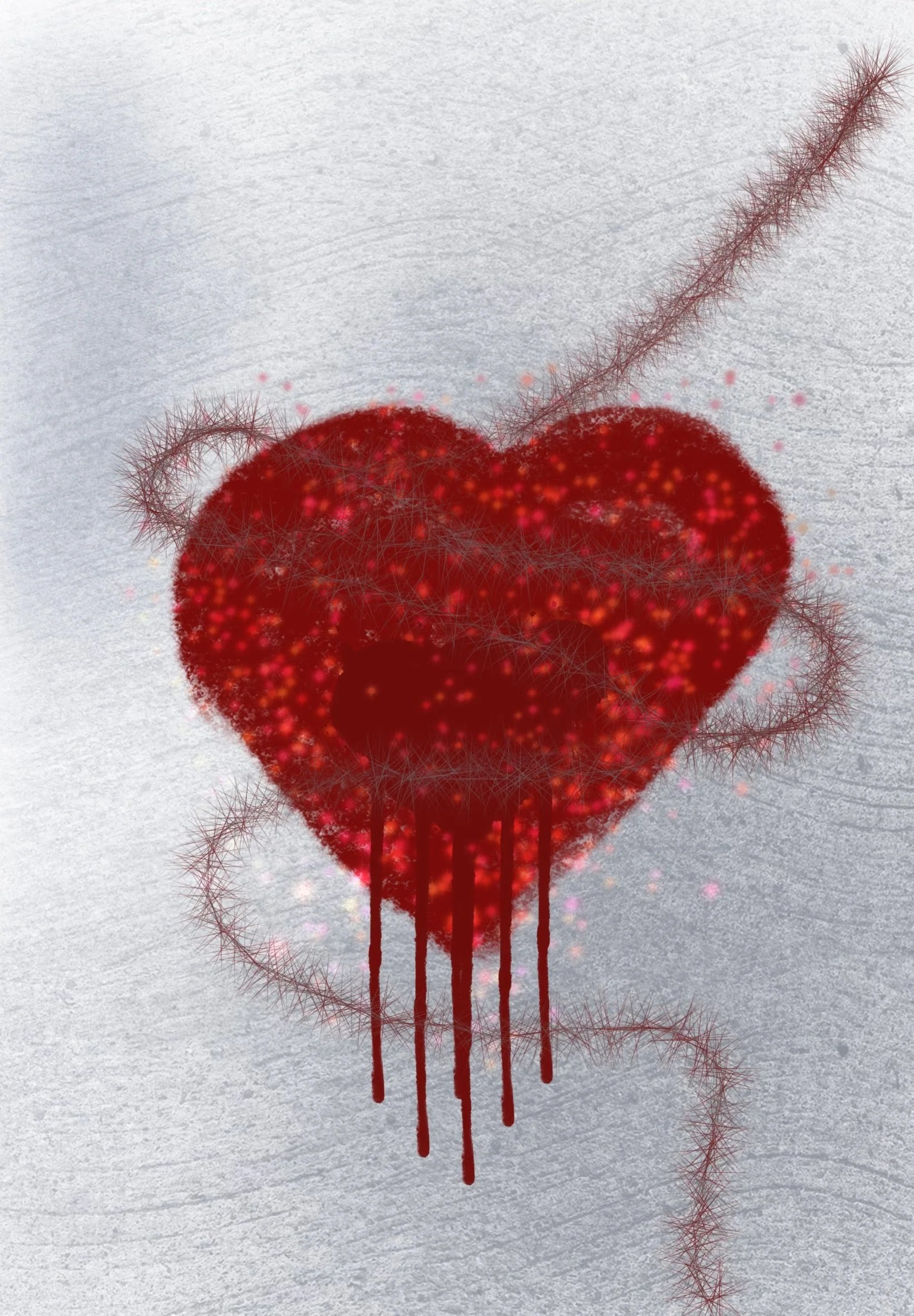 A digitally manipulated red heart with textured lines and drooping paint-like streaks, surrounded by wispy, furry filaments against a light gray textured background.