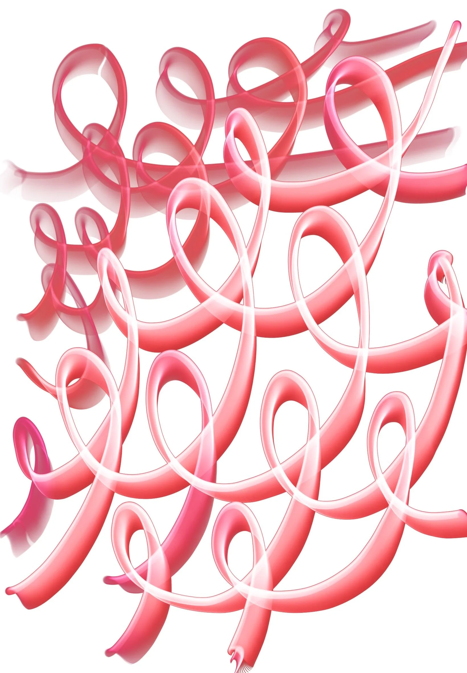 Abstract digital illustration of numerous intertwined pinkish-red loops and ribbons against a white background.