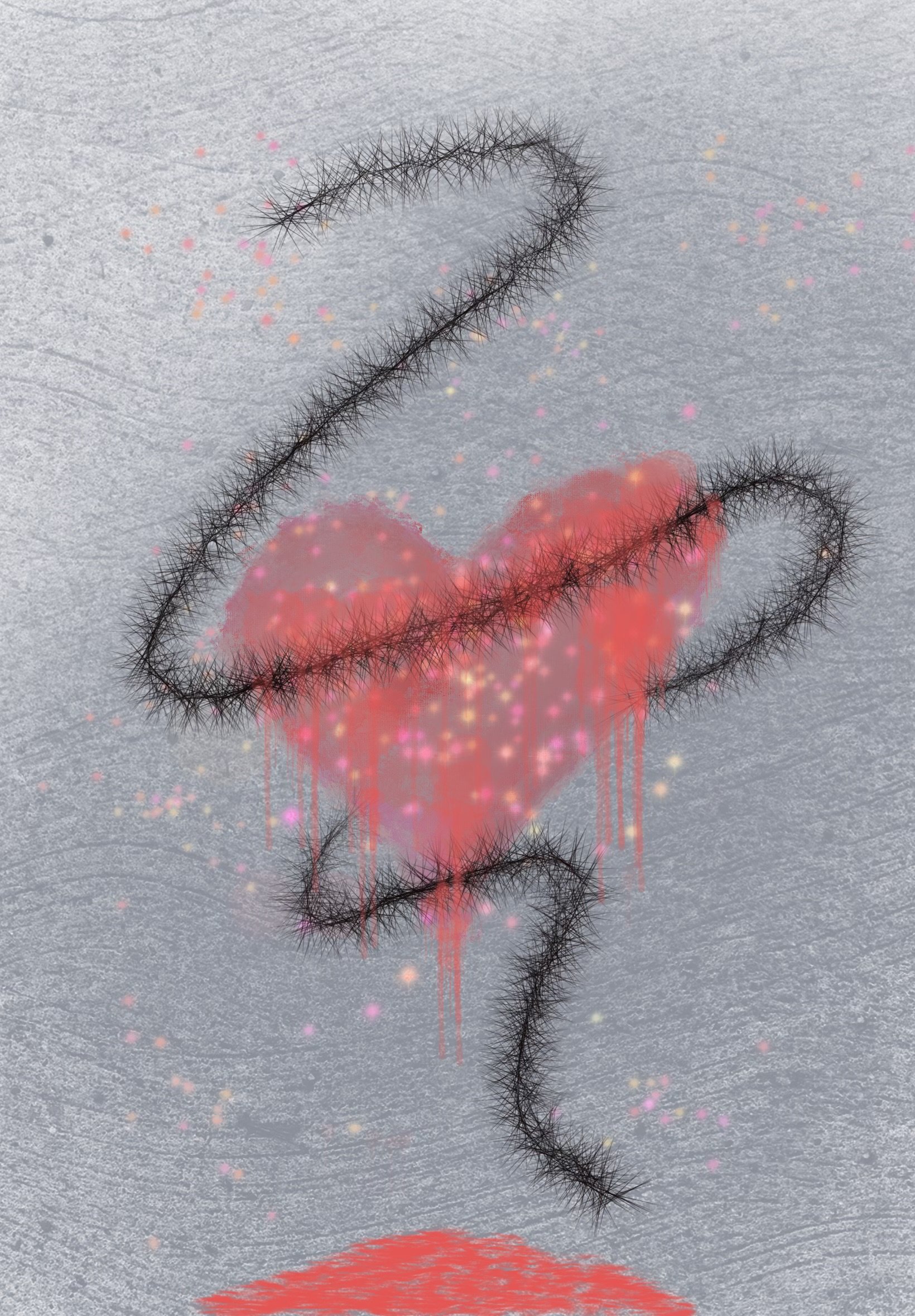A gray background with a black, fuzzy, question mark-shaped line, a red dripping heart, and scattered pink, yellow, and orange sparkles.