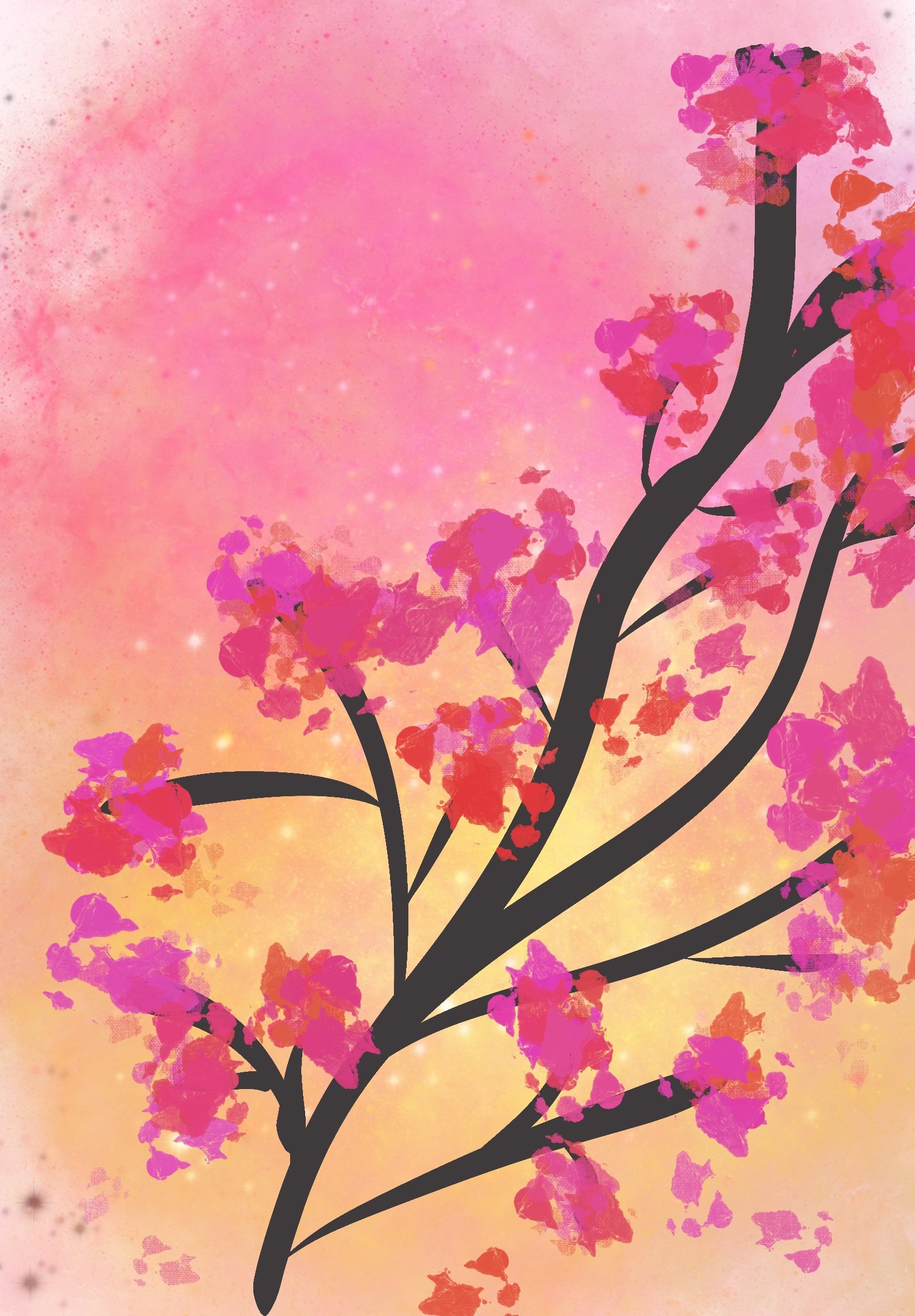 Digital illustration of a flowering tree branch with pink and purple blossoms against a pastel pink and orange watercolor background.