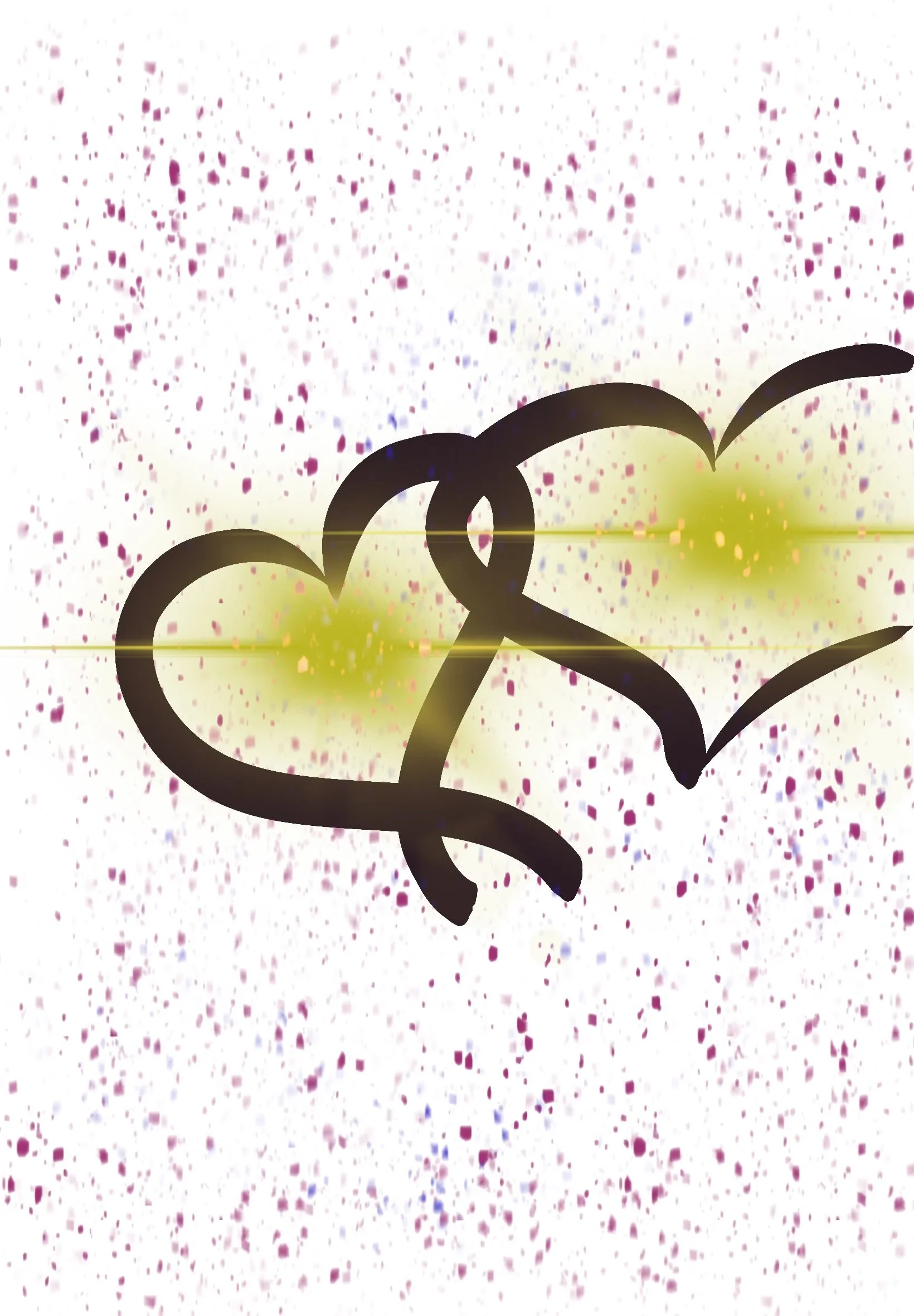 Black graffiti-style drawing of a heart with an arrow through it, on a splattered pink and white background with yellow highlights.
