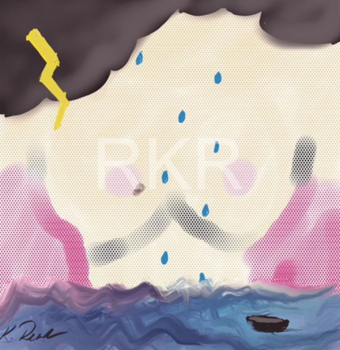 Digital illustration depicting a dark stormy sky with a lightning bolt striking down, rain falling, and a turbulent ocean below.