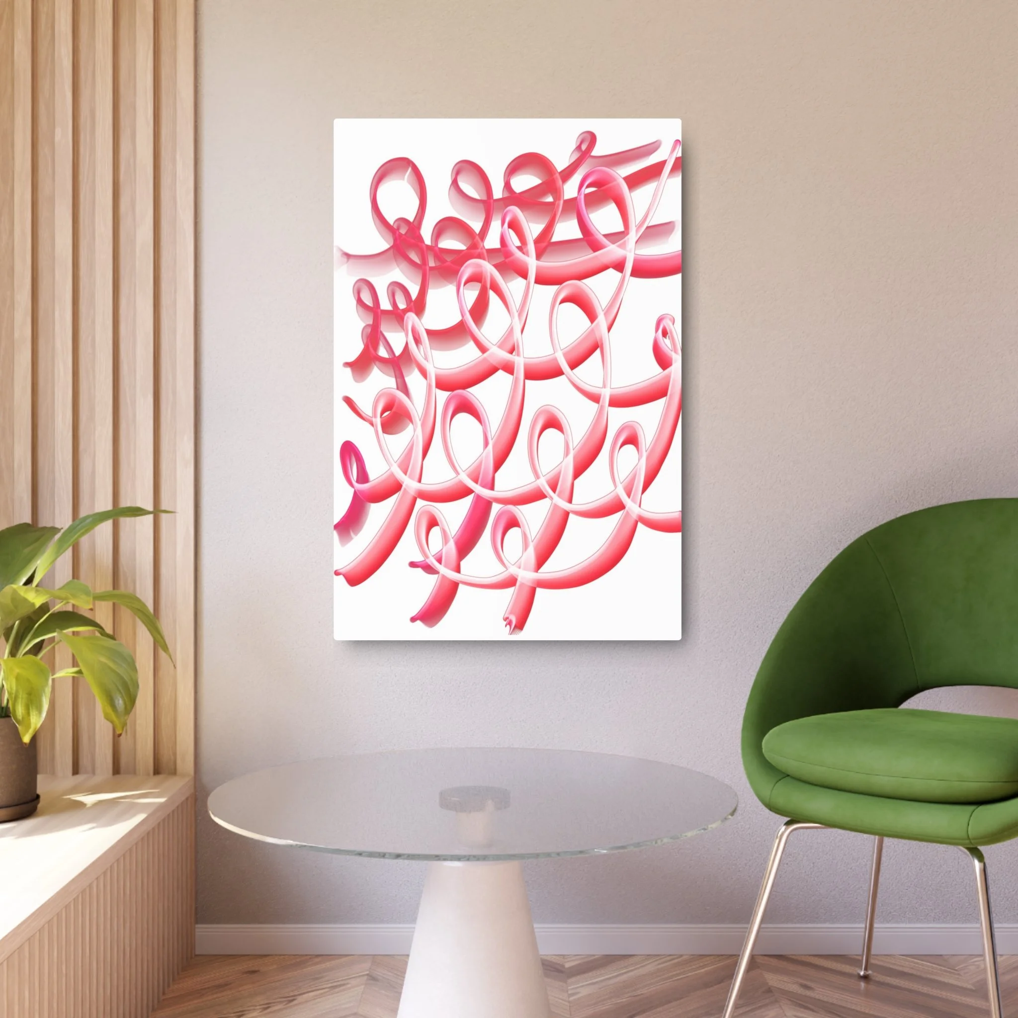 Pink abstract ribbon artwork hanging on a beige wall in a modern living room.