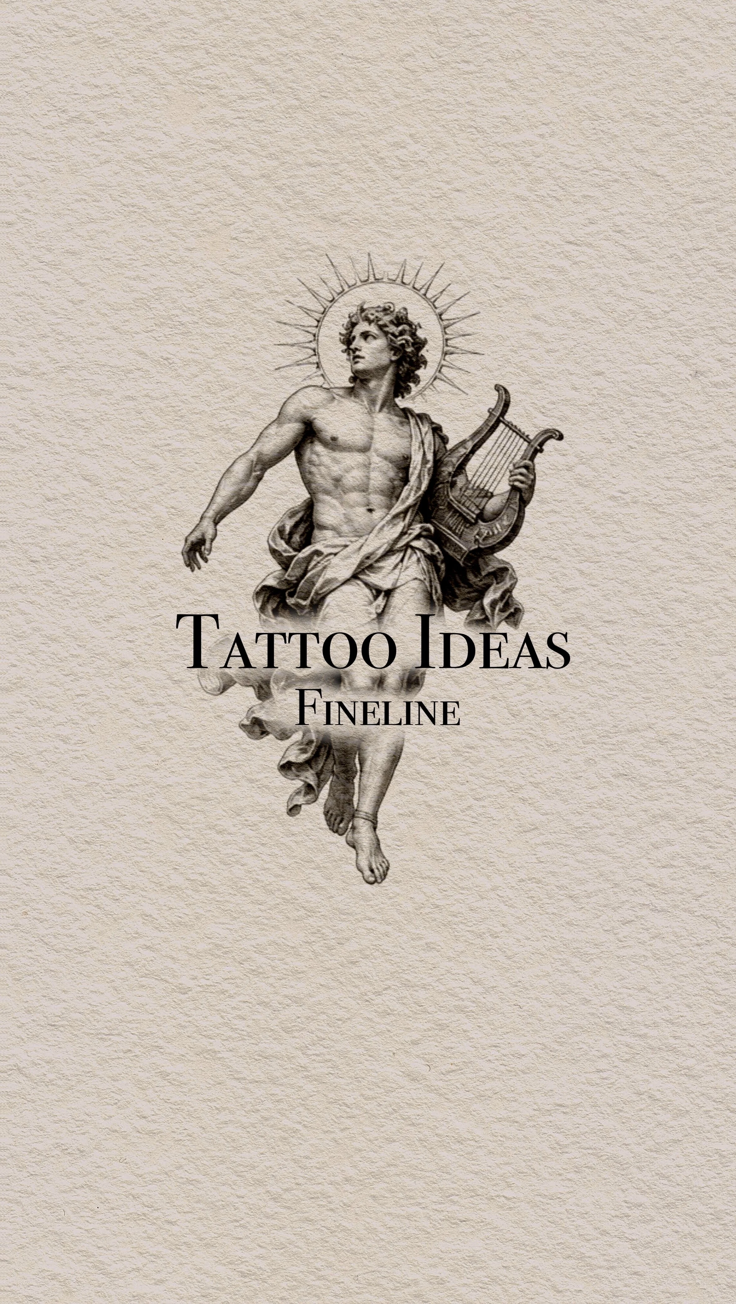 A black and white illustration of a muscular ancient roman / greek man with curly hair, surrounded by a halo, holding a lyre, with the text 'Tattoo Ideas Fineline' overlayed.