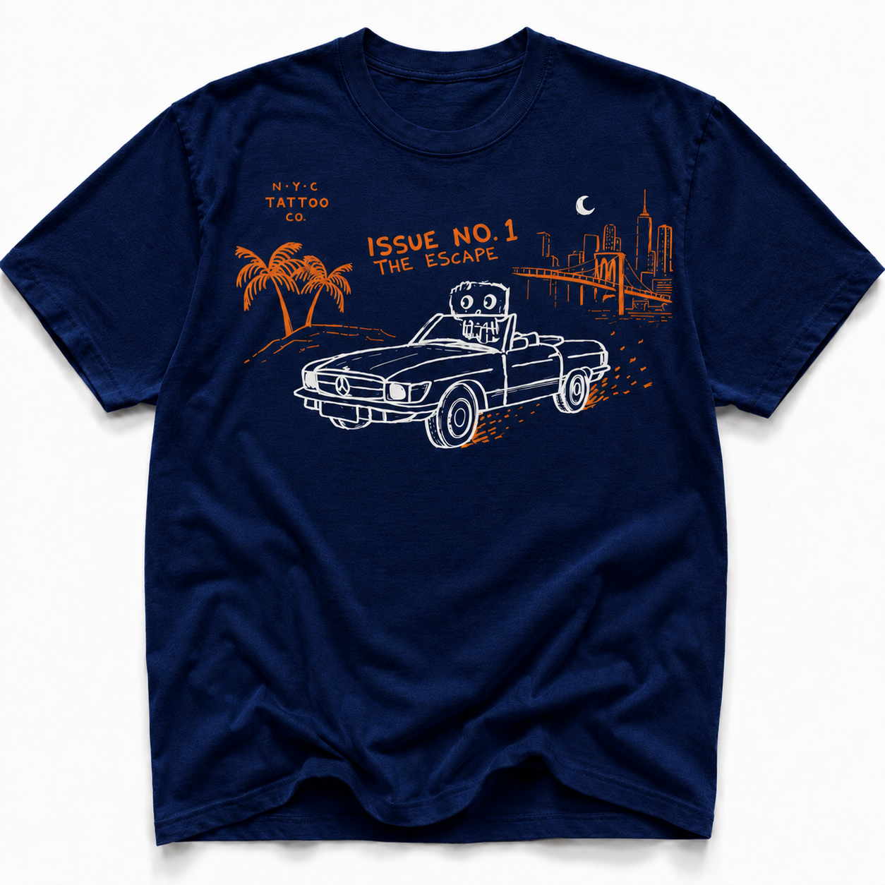 hand painted vintage Mercedes t-shirt with palm tree and New York City in background with moon