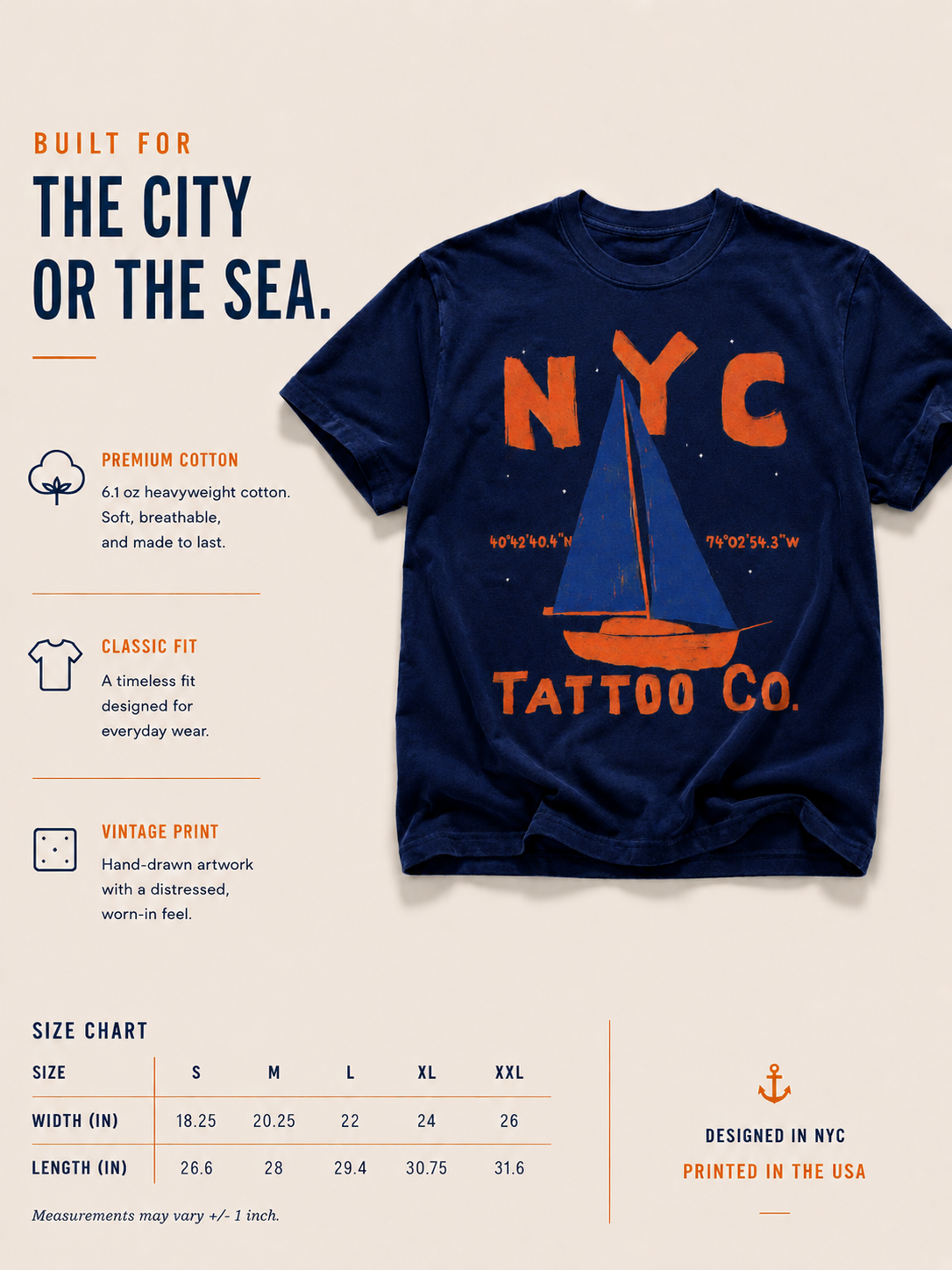 NYC Tattoo Co. t-shirt with sailboat and coordinates in navy size chart