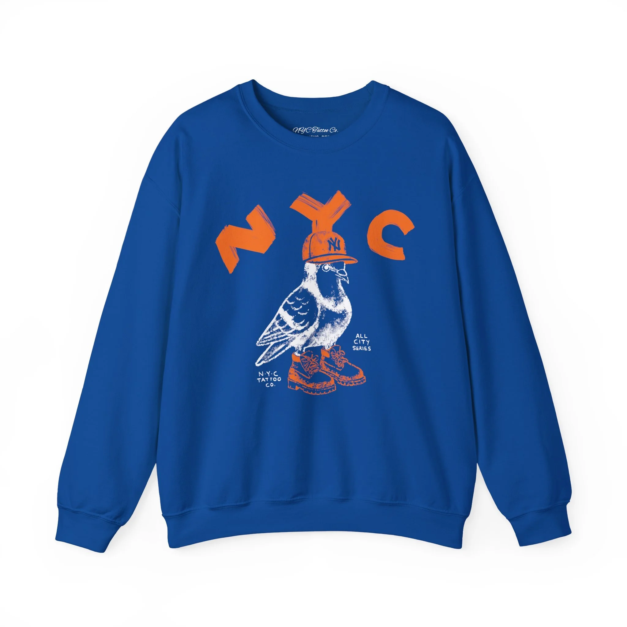 blue crewneck sweatshirt featuring an NYC pigeon illustration wearing work boots and a Yankees-style hard hat, with bold orange NYC lettering and City Summer Series graphics by NYC Tattoo Co.