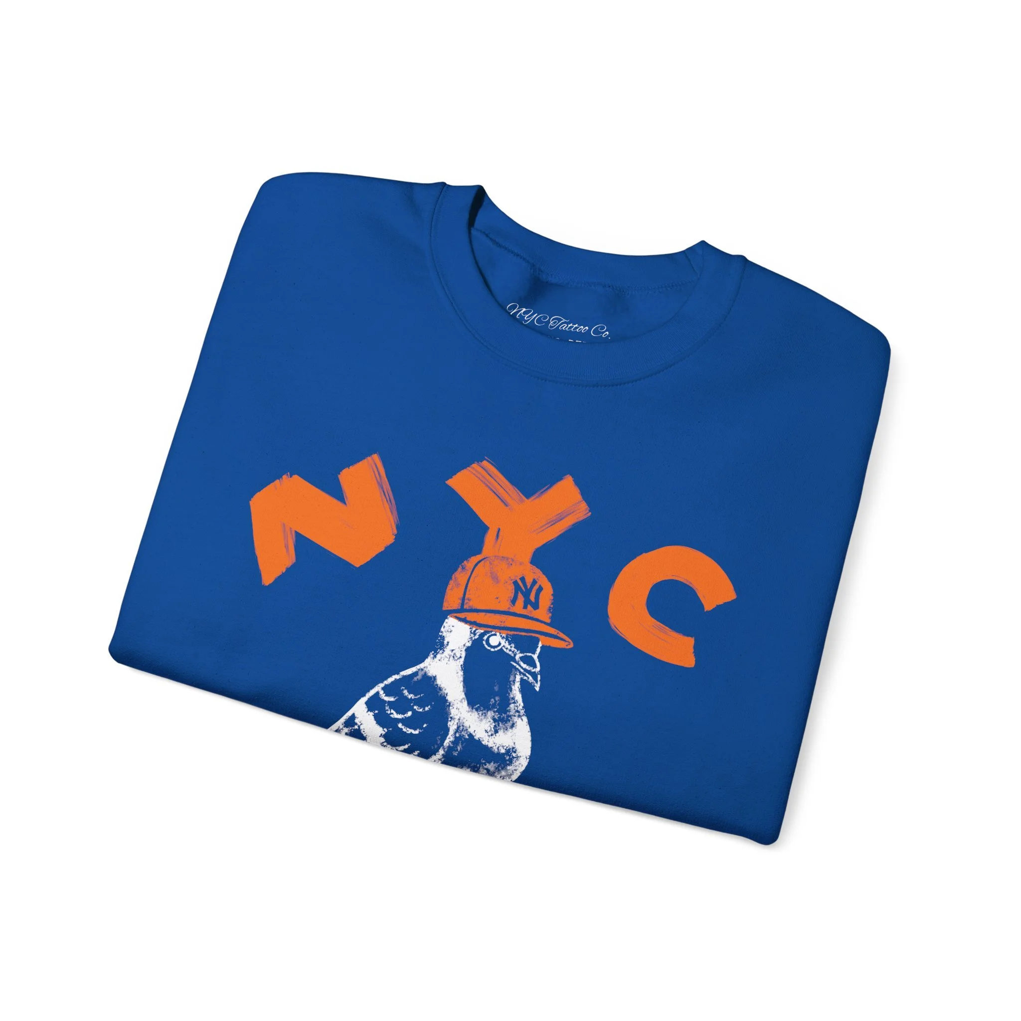 blue crewneck sweatshirt featuring an NYC pigeon illustration wearing work boots and a Yankees-style hard hat, with bold orange NYC lettering and City Summer Series graphics by NYC Tattoo Co.