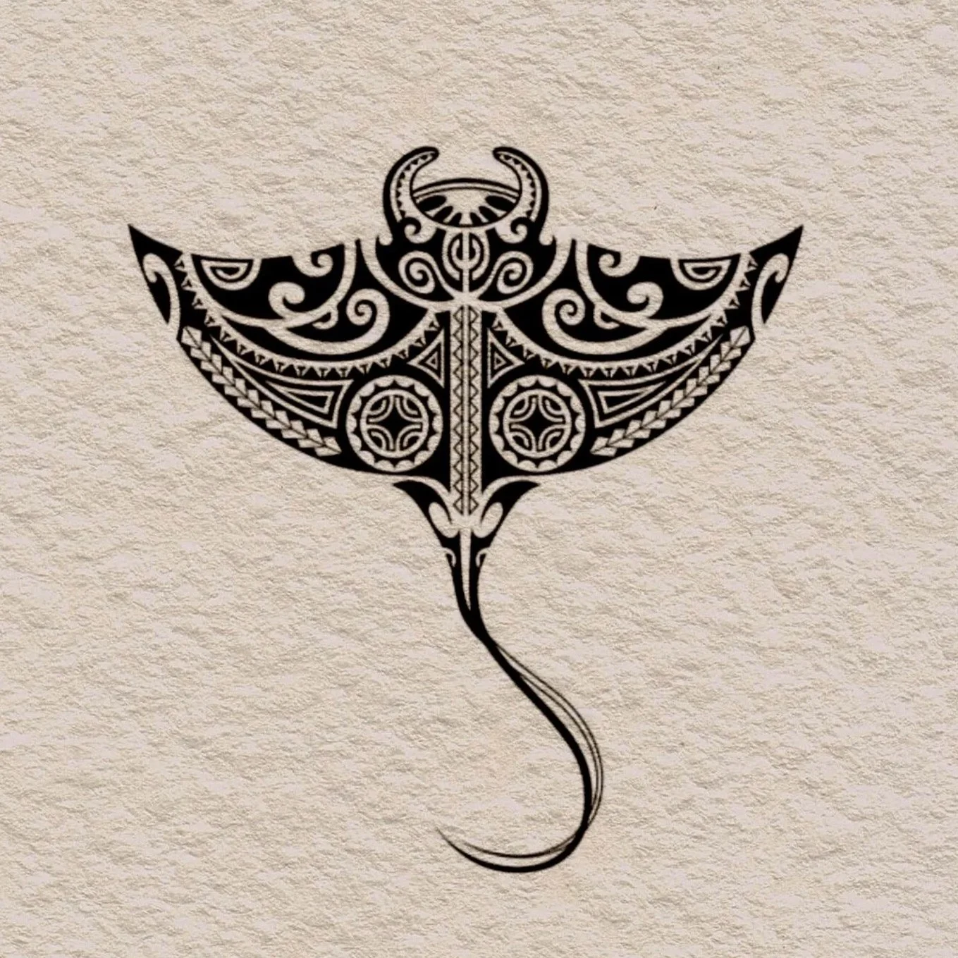 A black tribal-style tattoo design of an insect with intricate patterns and swirls, resembling a moth or butterfly, on a beige textured background.