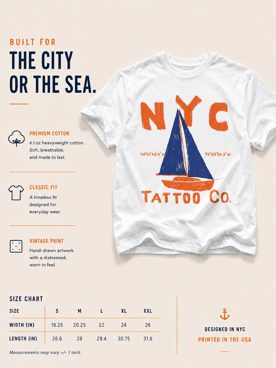 NYC Tattoo Co. t-shirt with sailboat and coordinates size chart