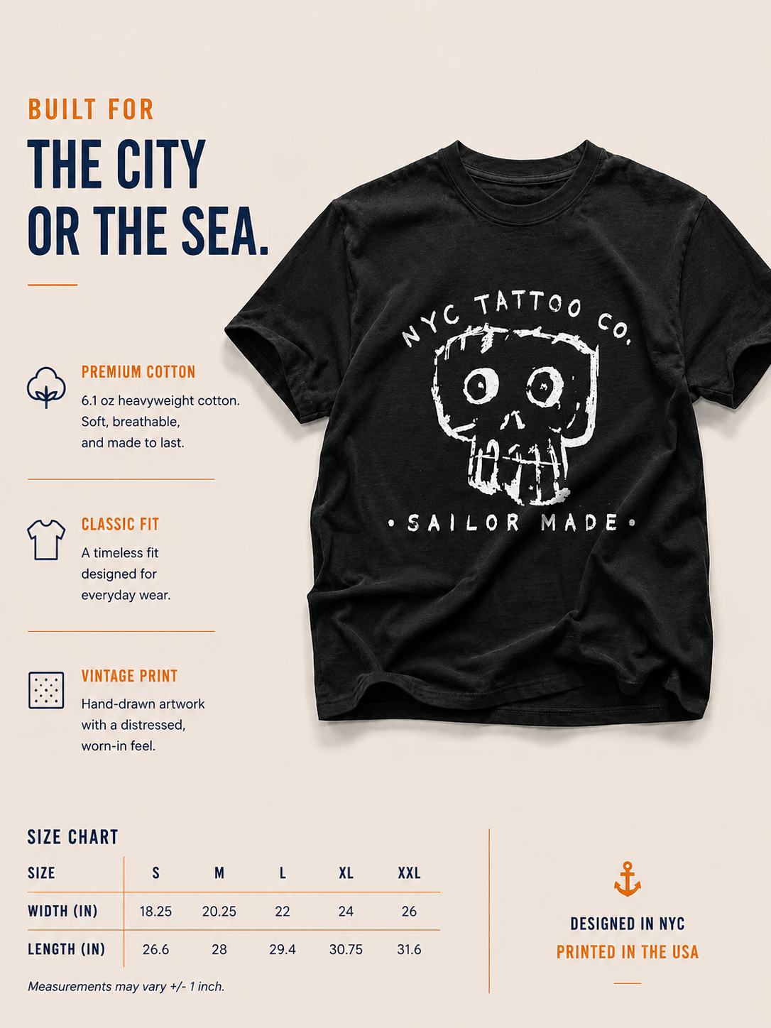 nyc tattoo co. bones hand painted skull and sailor made size chart