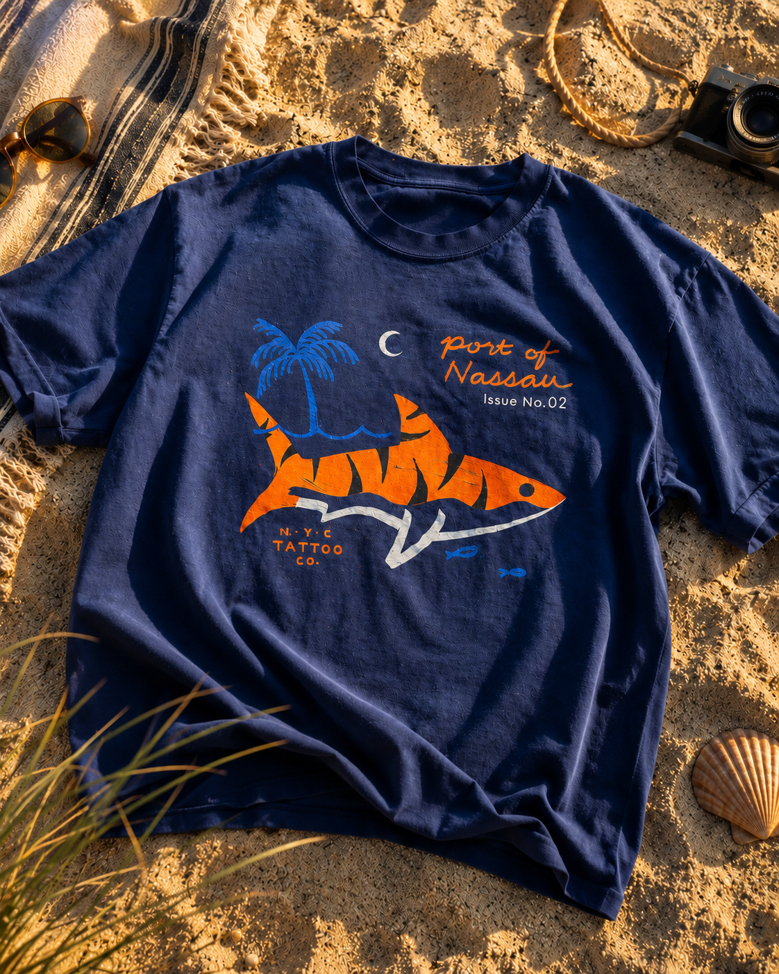hand paintedtiger shark t-shirt with palm tree and port of Nassau in navy