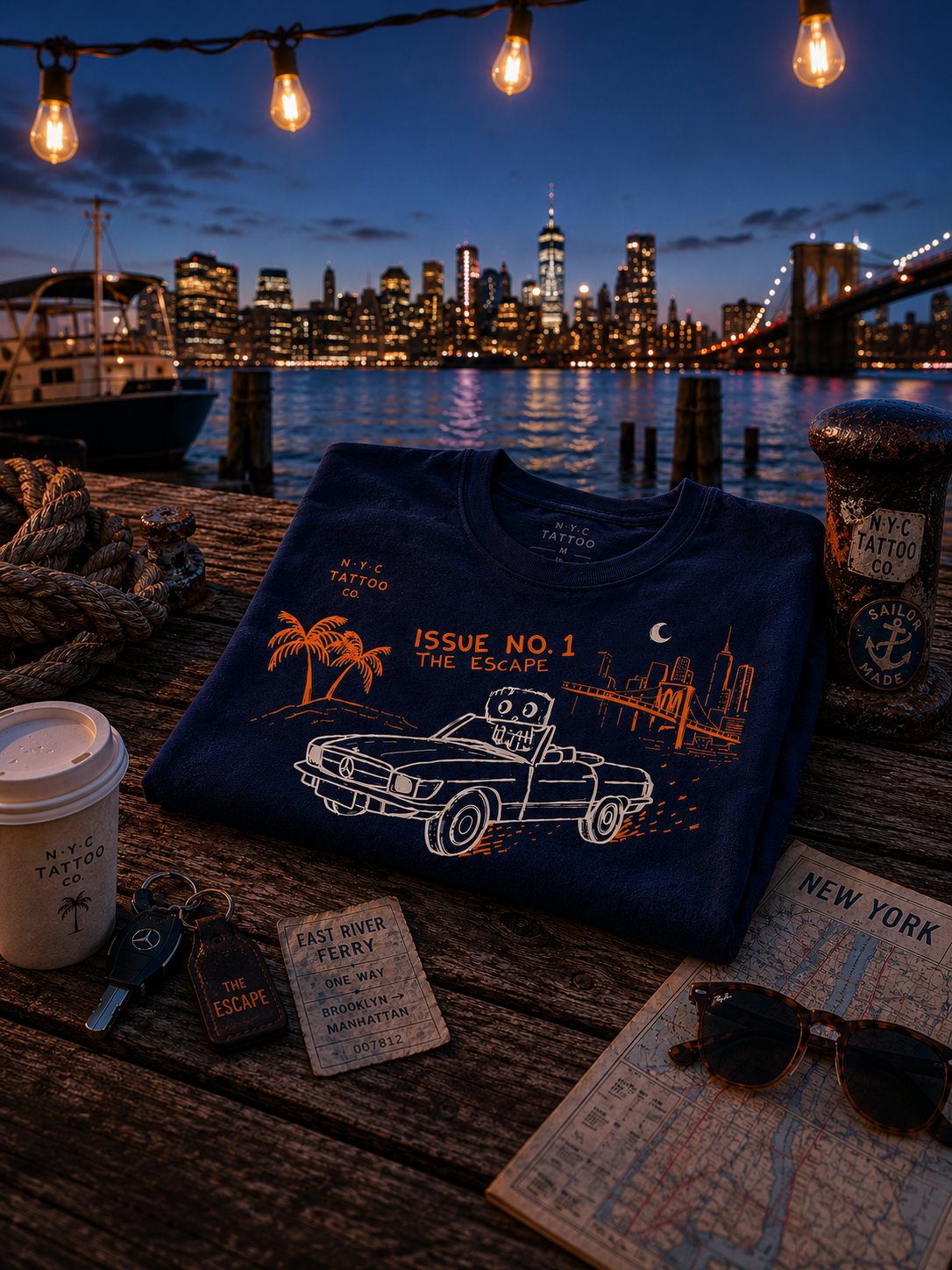 vintage mercedes t-shirt on ferry dock in New York City for nyc tattoo co.