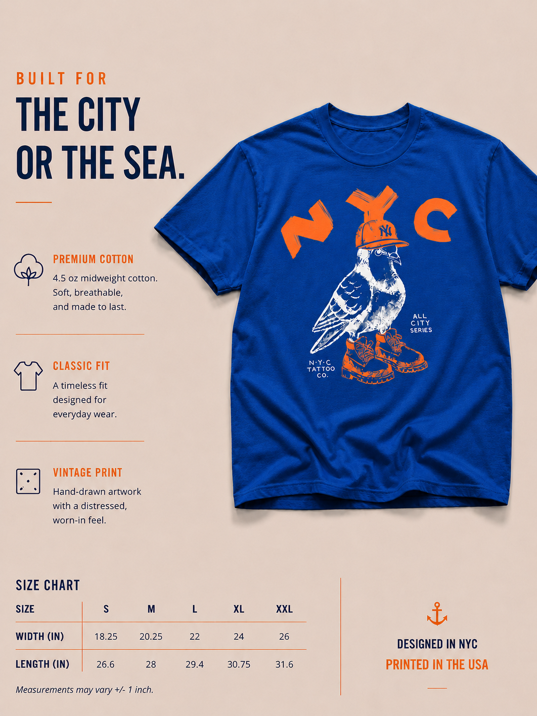 NYC New York City Tee with pigeon in Yankees hat and timberland boots in blue size chart and description