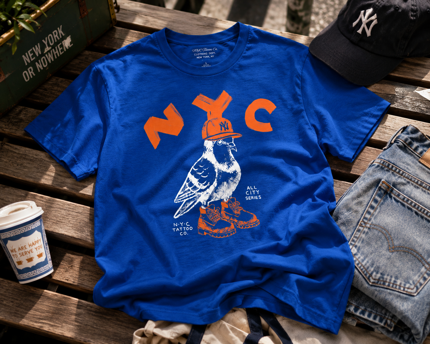 NYC New York City Tee with pigeon in Yankees hat and timberland boots in blue