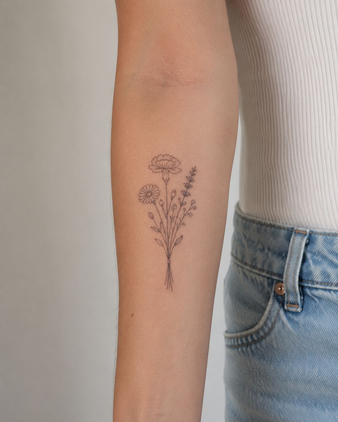 A person's inner forearm with a minimalist black line drawing tattoo of a small bouquet of flowers, including daisies and other blooms, with a few leaves and stems tied together.