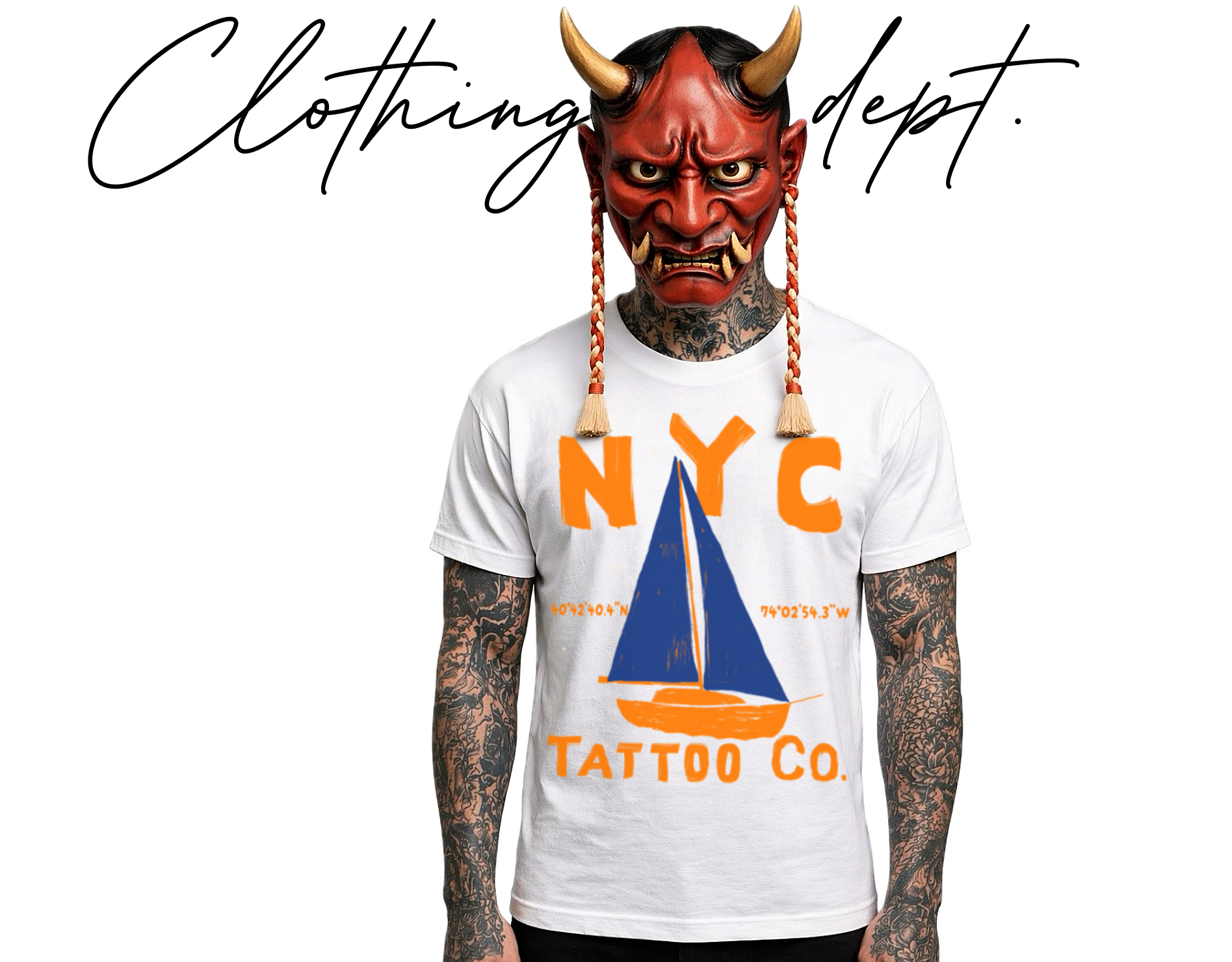 Person wearing a red hannya oni mask with horns, long braided hair, and tattoos, dressed in a white t-shirt with an orange and blue graphic of a sailboat, 'NYC TATTOO CO.' text, and coordinates.
