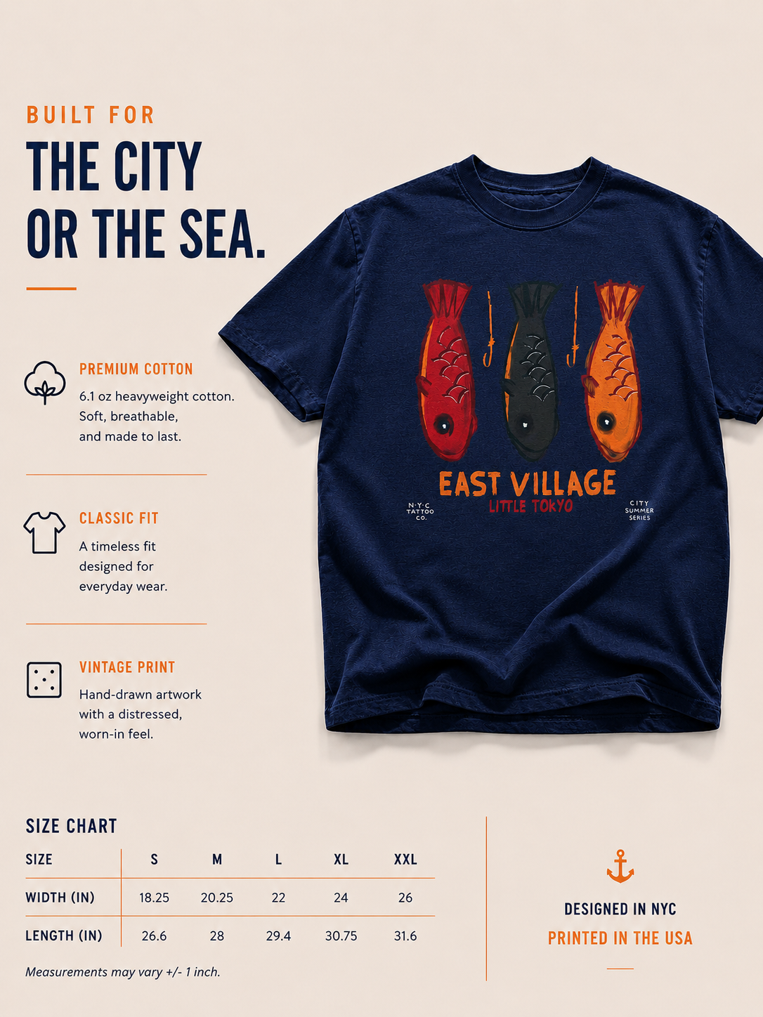 east village little Tokyo New York City fish vintage tee in navy size chart