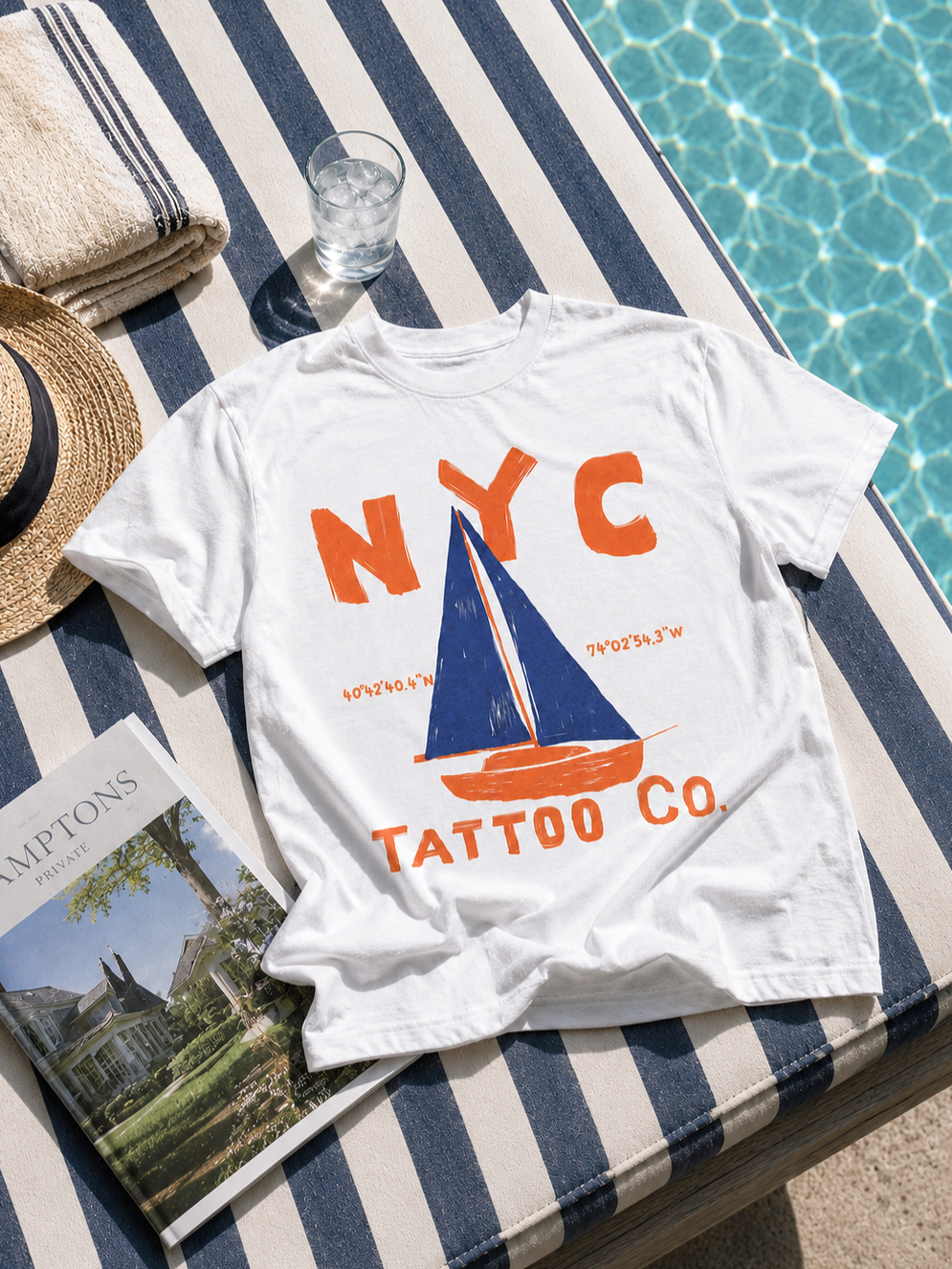 NYC Tattoo Co. t-shirt with sailboat and coordinates in the Hamptons poolside tee