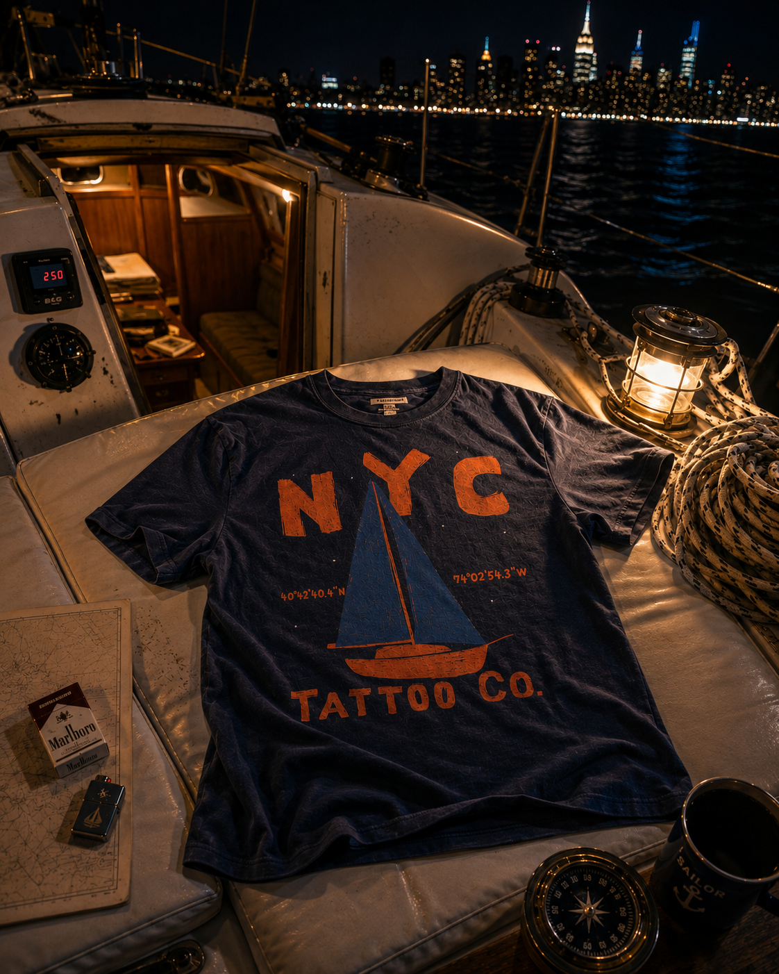NYC Tattoo Co. t-shirt with sailboat and coordinates in navy on sailboat at night with New York City in background