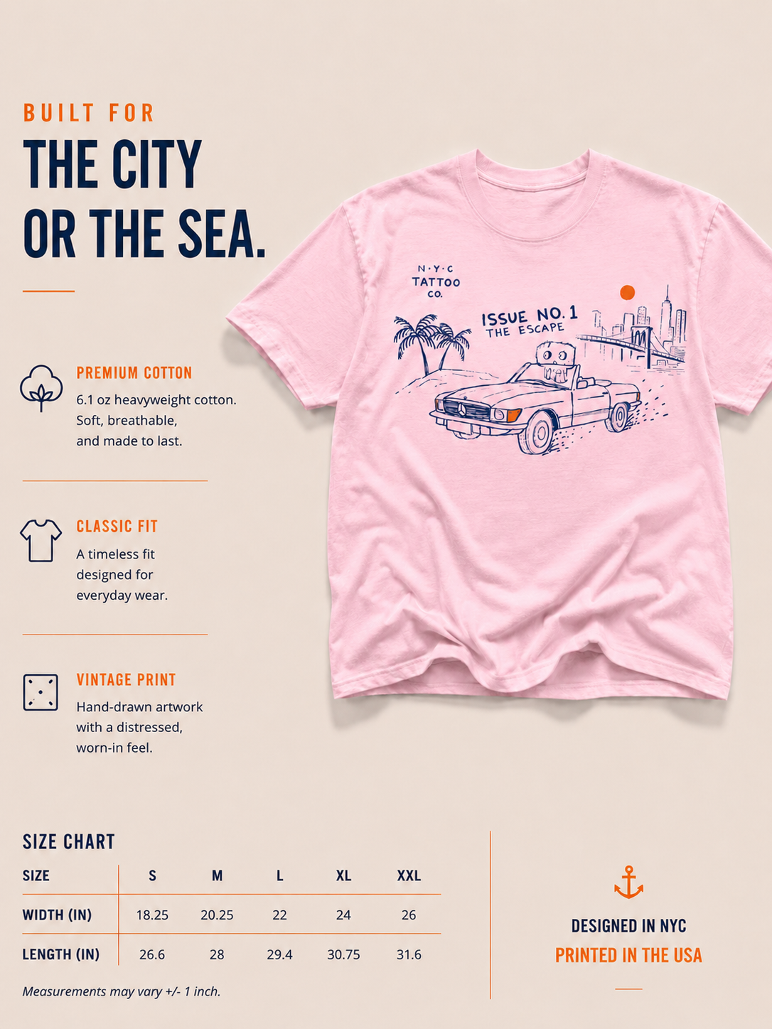 Hand Painted Vintage Mercedes t-shirt with palm tree and New York City on background pink tee size chart