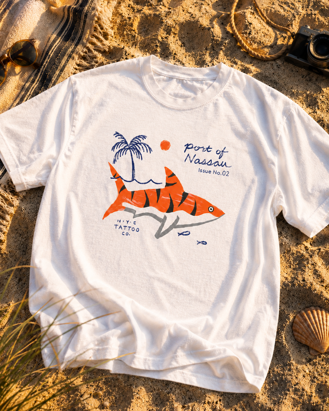 hand painted tiger shark t-shirt with palm tree and port of Nassau in white