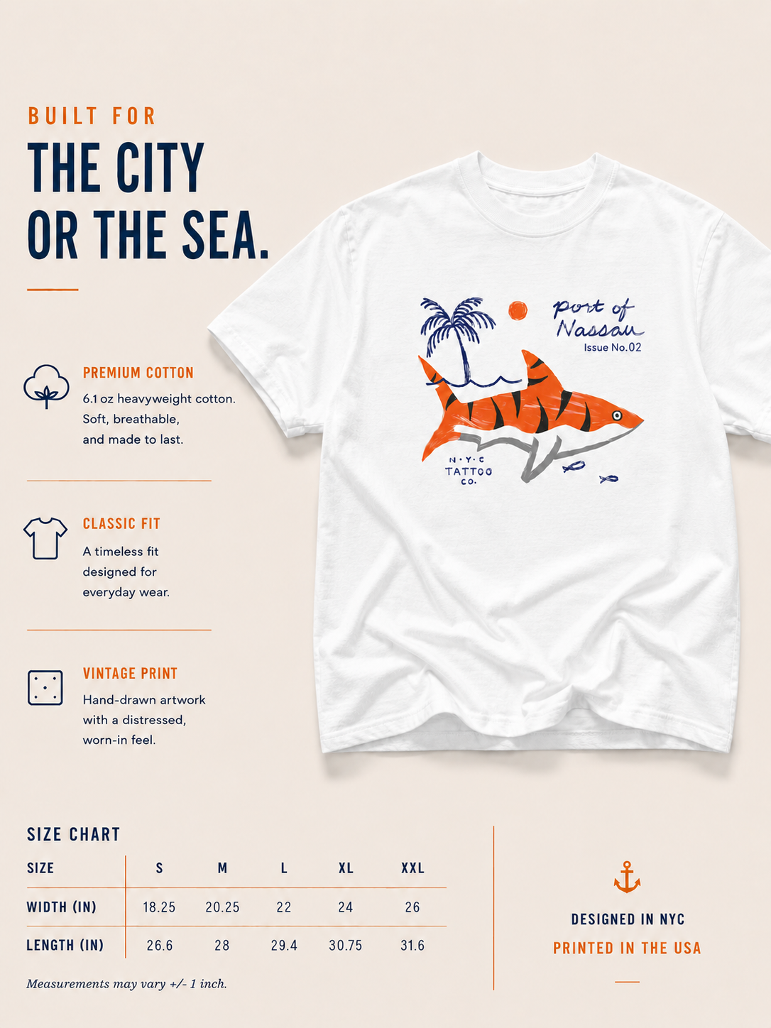 hand painted tiger shark t-shirt with palm tree and port of Nassau in white size chart