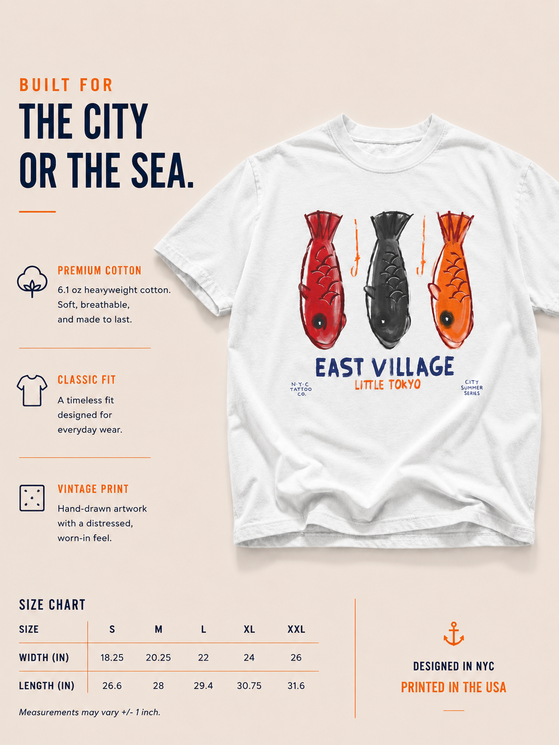 east village little Tokyo New York City fish vintage tee in white size chart