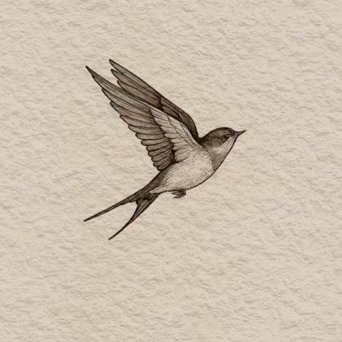 A detailed black and white illustration of a flying bird, possibly a swallow, on textured beige paper.