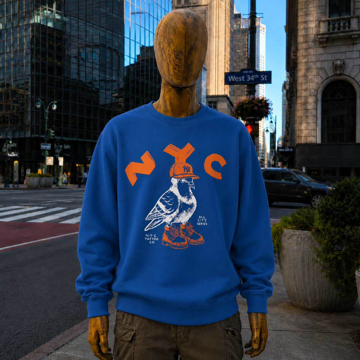 NYC pigeon in timbs and yankees hat by nyc tattoo co.