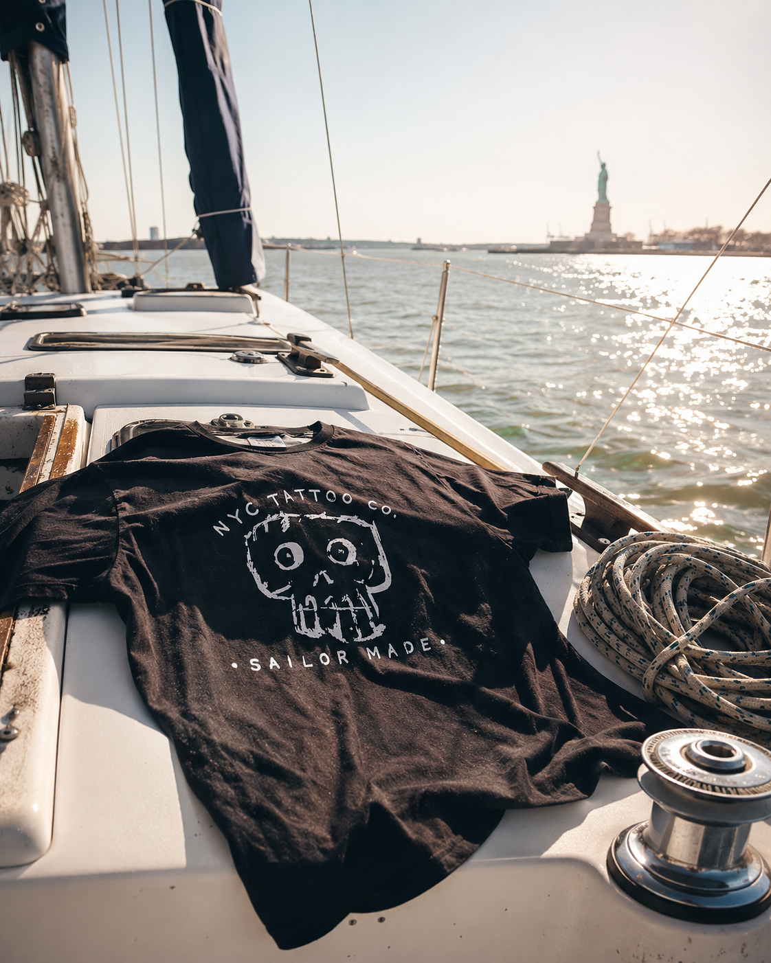 NYC Tattoo Co. Bones skull t-shirt on a sailboat with New York in background