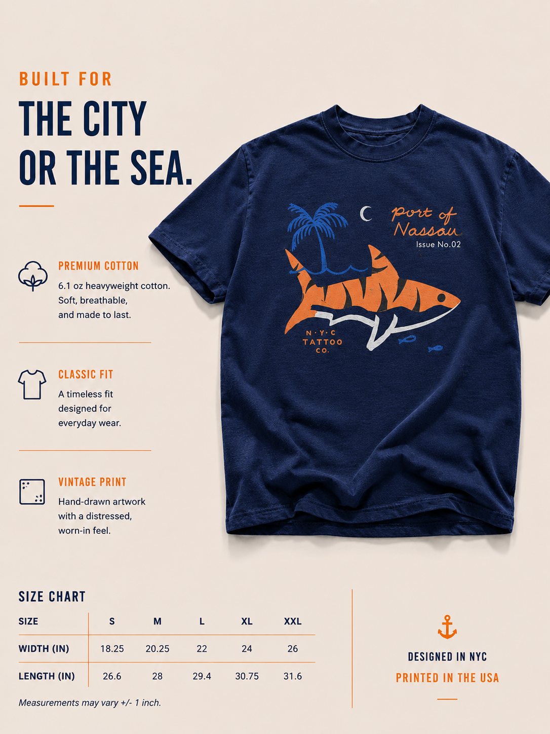 hand paintedtiger shark t-shirt with palm tree and port of Nassau in navy size chart