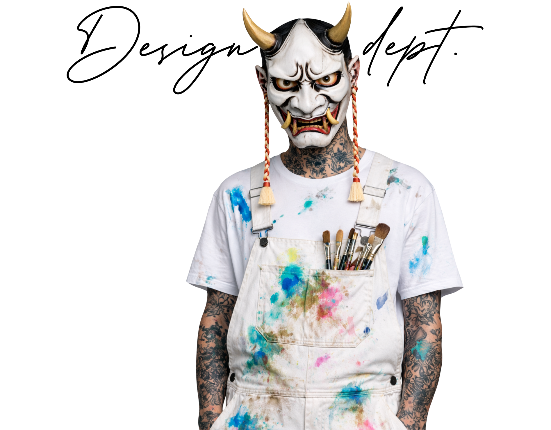 Person wearing a white hannya oni mask with horns, tattoos, and a paint-splattered white apron, holding paintbrushes in the pocket.